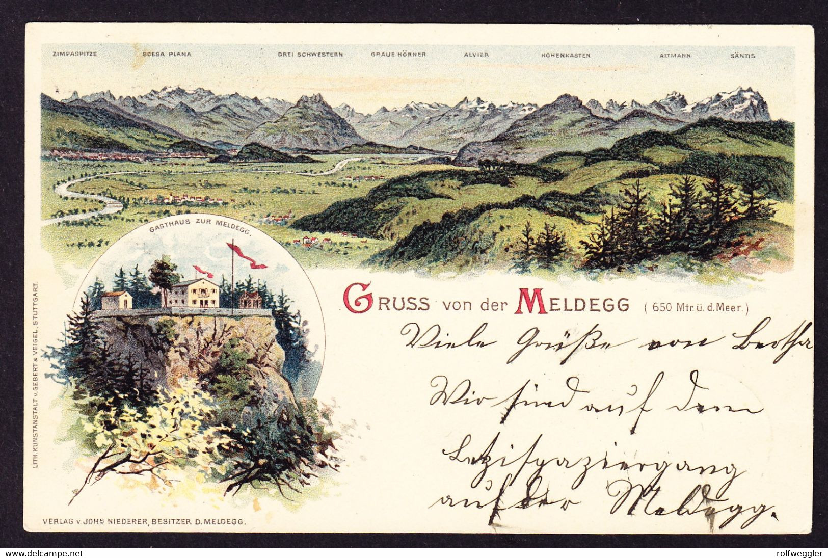 1899 Gelaufene Litho AK: Gruss Von Der Meldegg. Gestempelt Walzenhausen Sowie PLATZ Balkenstempel. Minim Fleckig - Walzenhausen