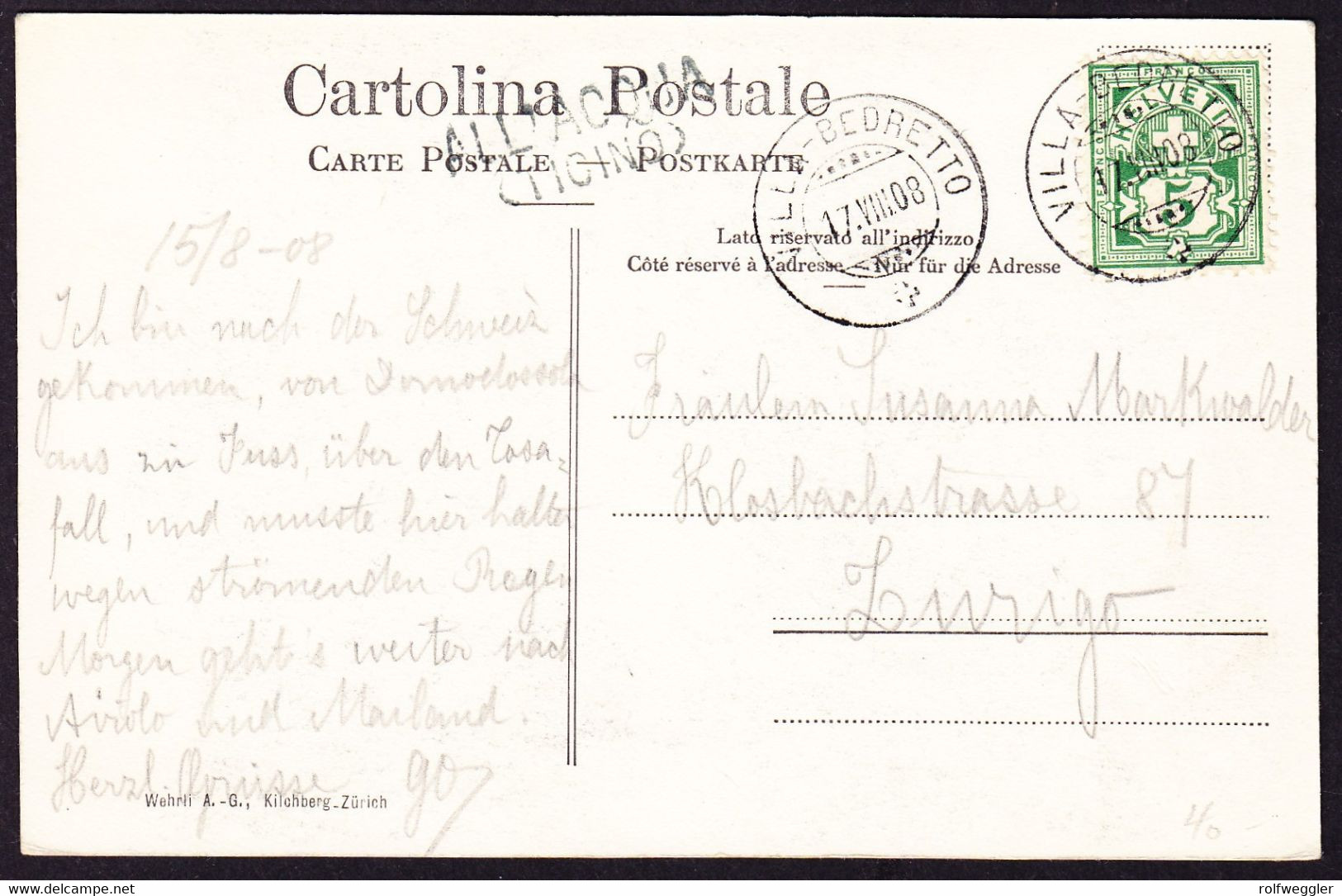 1908 Stabstempel ALL'AQUA (Ticino) Auf AK Val Bedretto, All' Aqua. - Bedretto