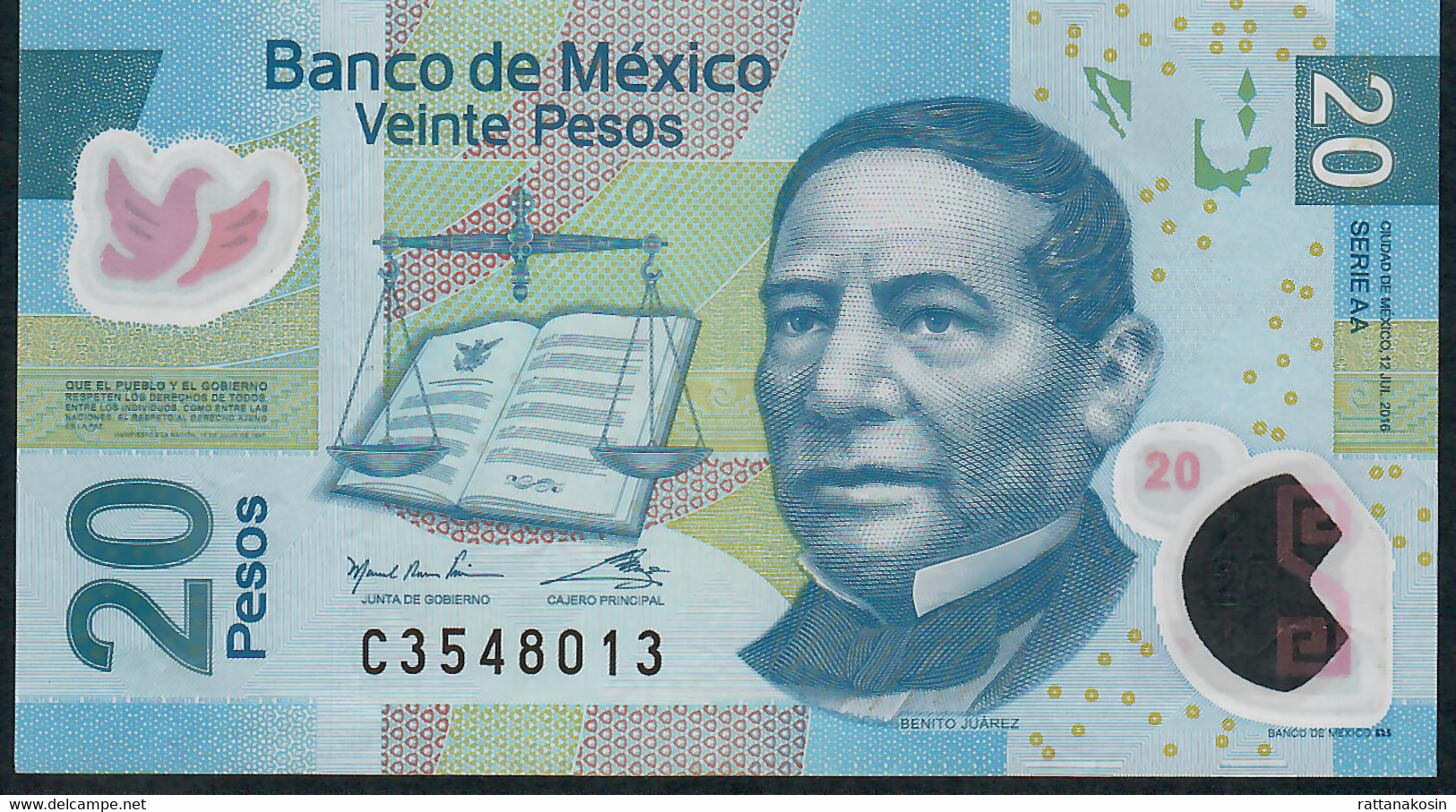 MEXICO P122n 20 PESOS  12.7.2016  Serie AA   #C354...      AVF FOLDS NO P.h. - Mexique