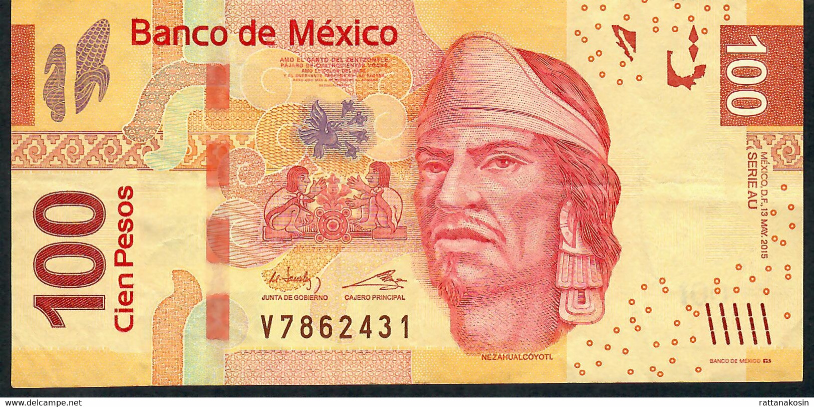 MEXICO P124n  100 PESOS  13.5.2015  Serie AU   #V786...       VF  NO P.h. - Mexique