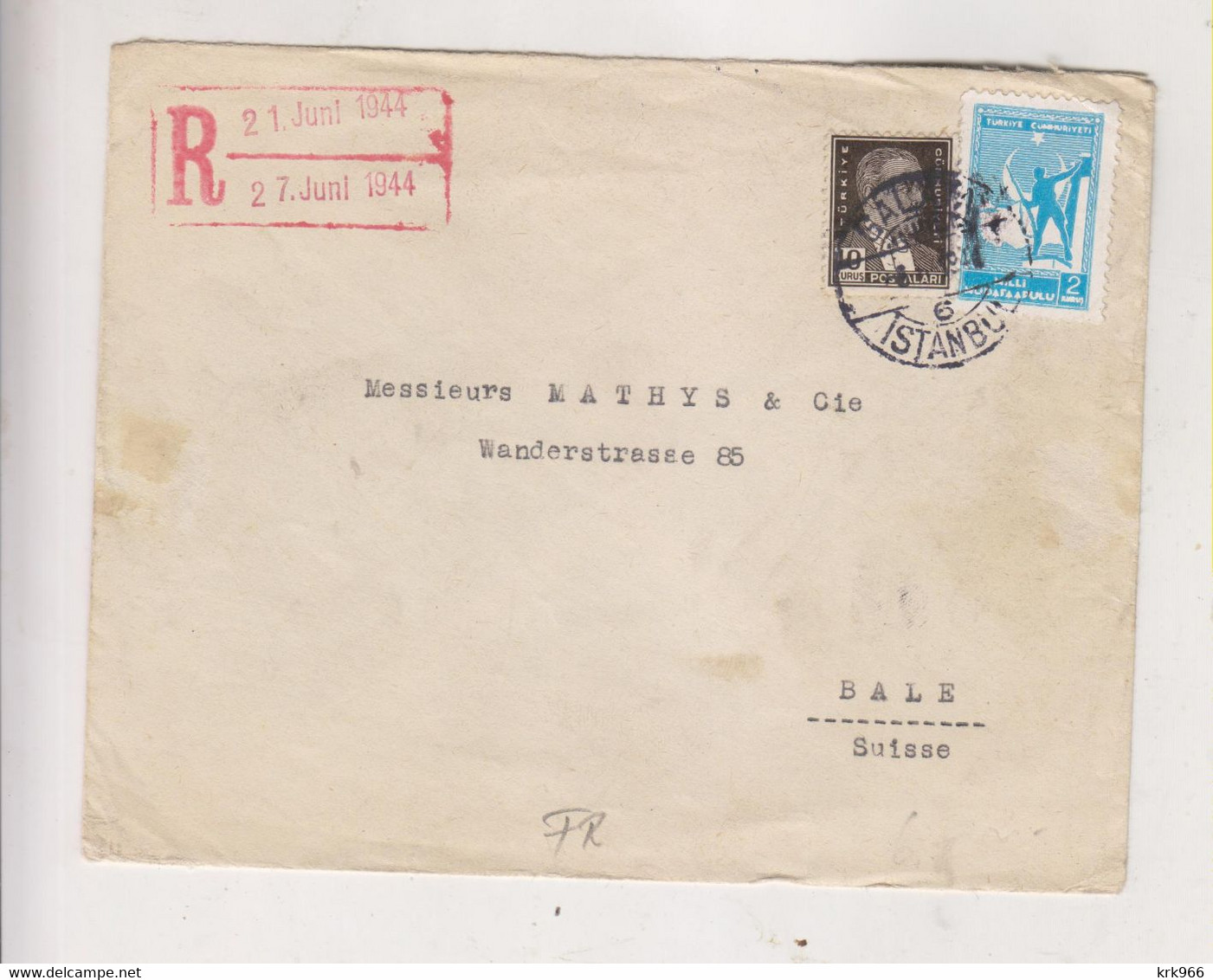 TURKEY ISTANBUL 1944 Registered Cover To Switzerland - Cartas & Documentos