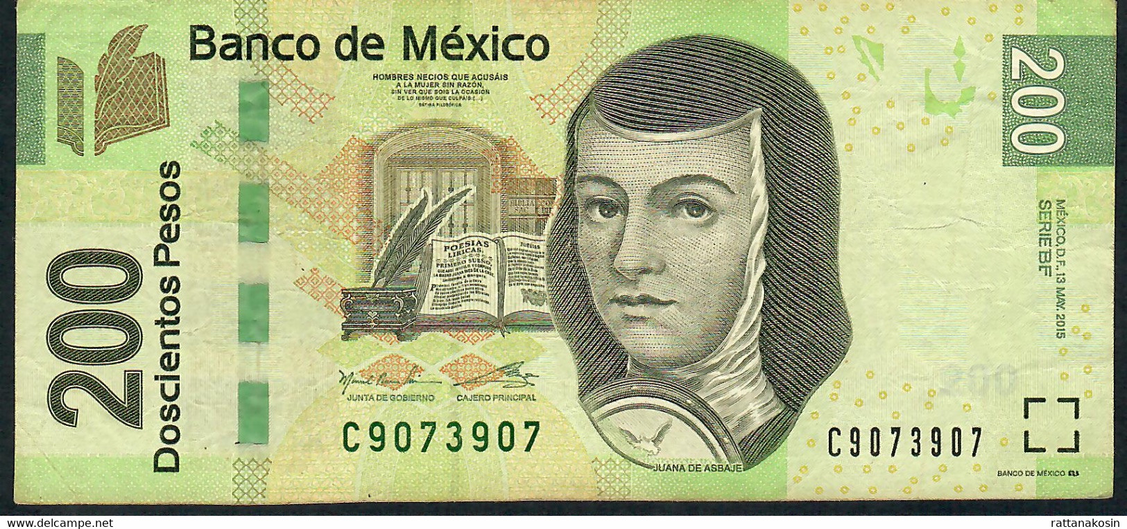 MEXICO P125p  200 PESOS  13.5.2015   Serie BF   Signature 11 #C907....        F-aVF NO P.h. - Mexique