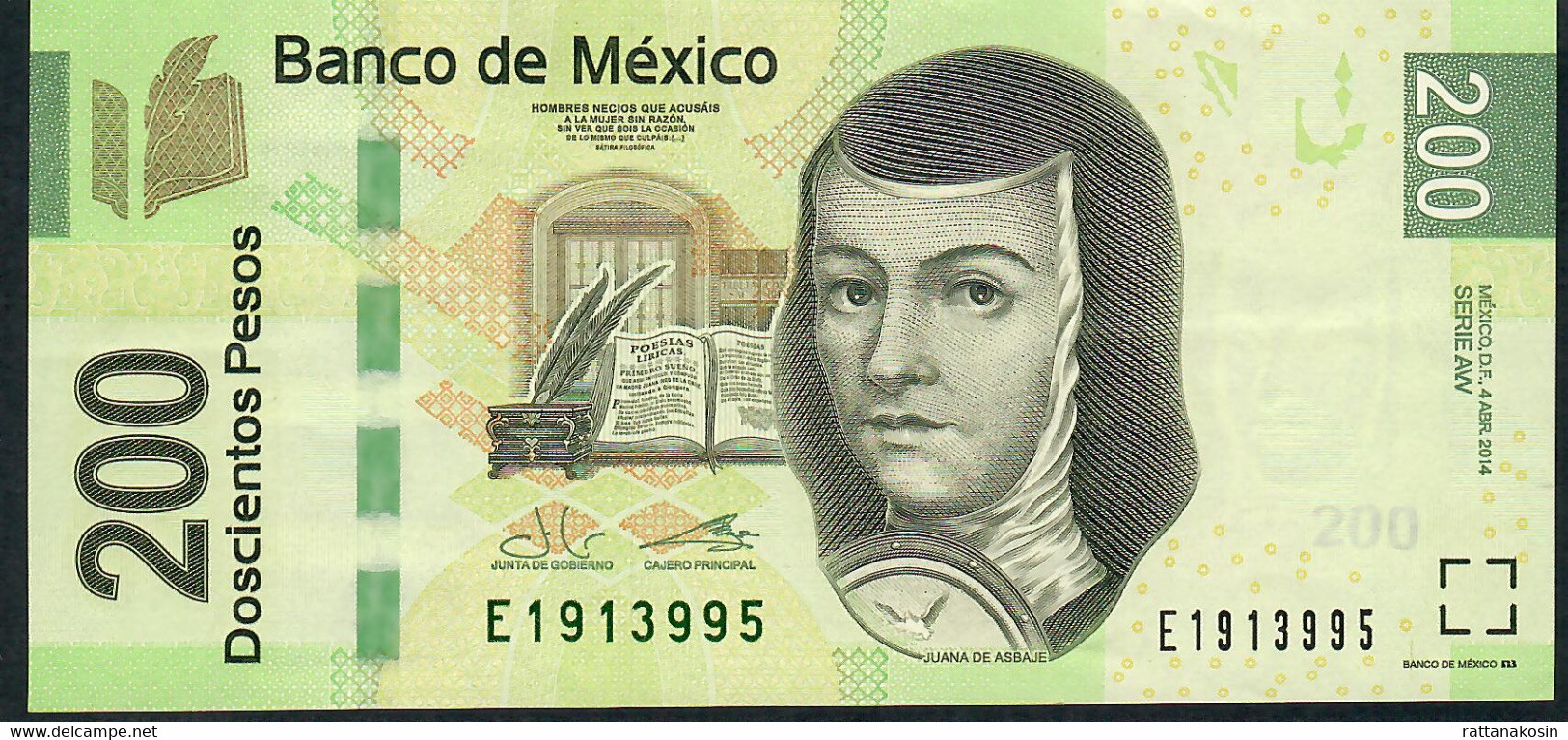 MEXICO P125n  200 PESOS  4.4.2014   Serie AW   Signature 11 #E191....  XF-AUNC. - Mexique