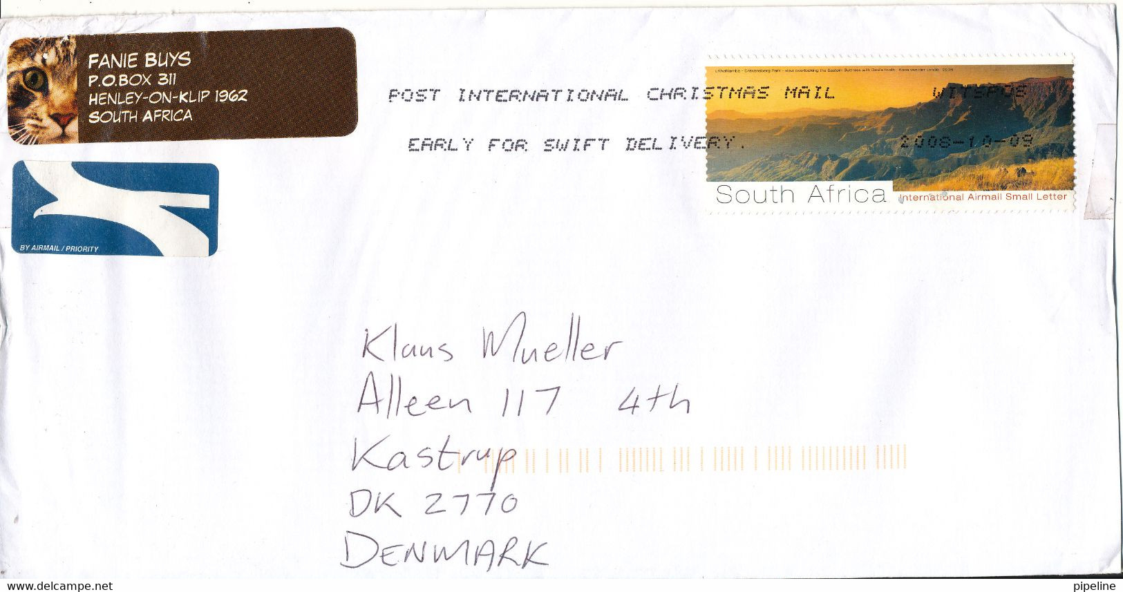 South Africa Cover Sent Air Mail To Denmark 9-10-2008 Single Franked - Storia Postale