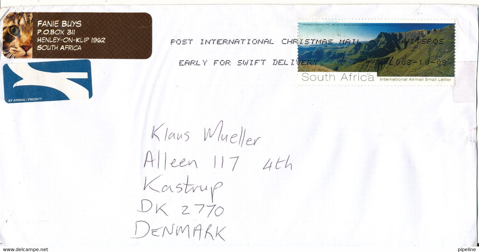 South Africa Cover Sent Air Mail To Denmark 9-10-2008 Single Franked - Cartas & Documentos