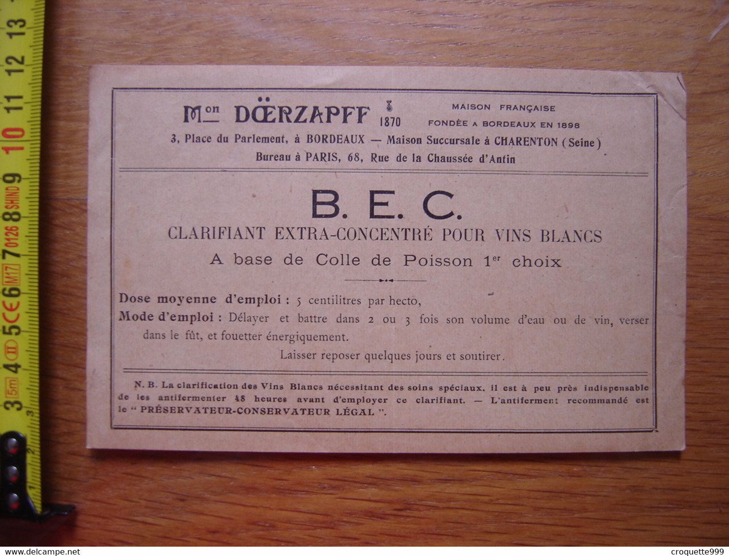 Ancienne Publicite DOERZAPFF Bordeaux CLARIFIANT Pour VINS BLANCS Wine - Alcools