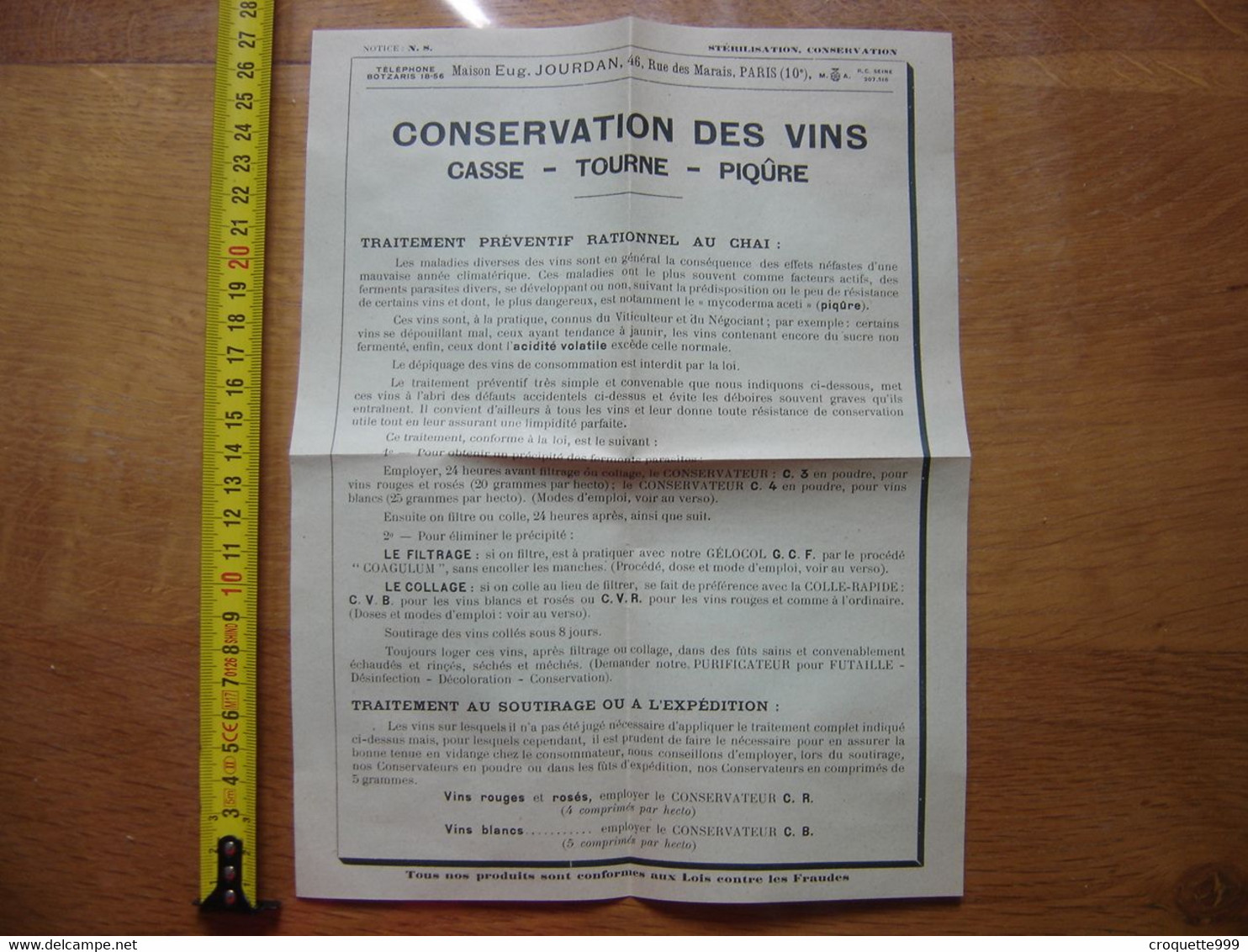 Ancienne Publicite JOURDAN Paris CONSERVATION Des VINS Casse Tourne Piqure Wine - Alcools