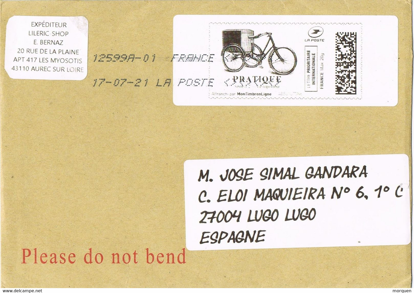 45272. Carta AUREC Sur LOIRE (France) 2021 A Espagne. Viñeta Transporte Bicicleta - Covers & Documents