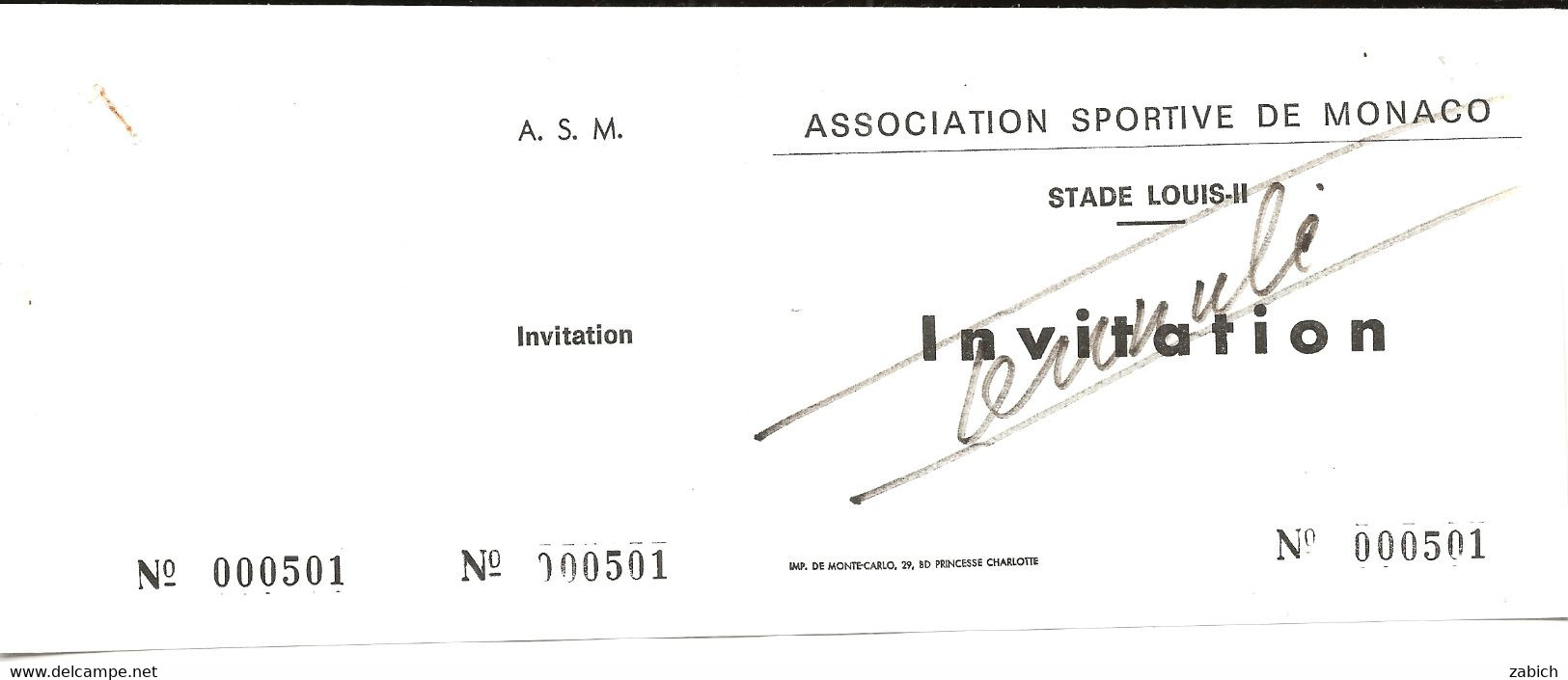 MONACO  BILLET ANNULE ANCIEN STADE LOUIS II  A S M  INVITATION (1974) - Tickets D'entrée