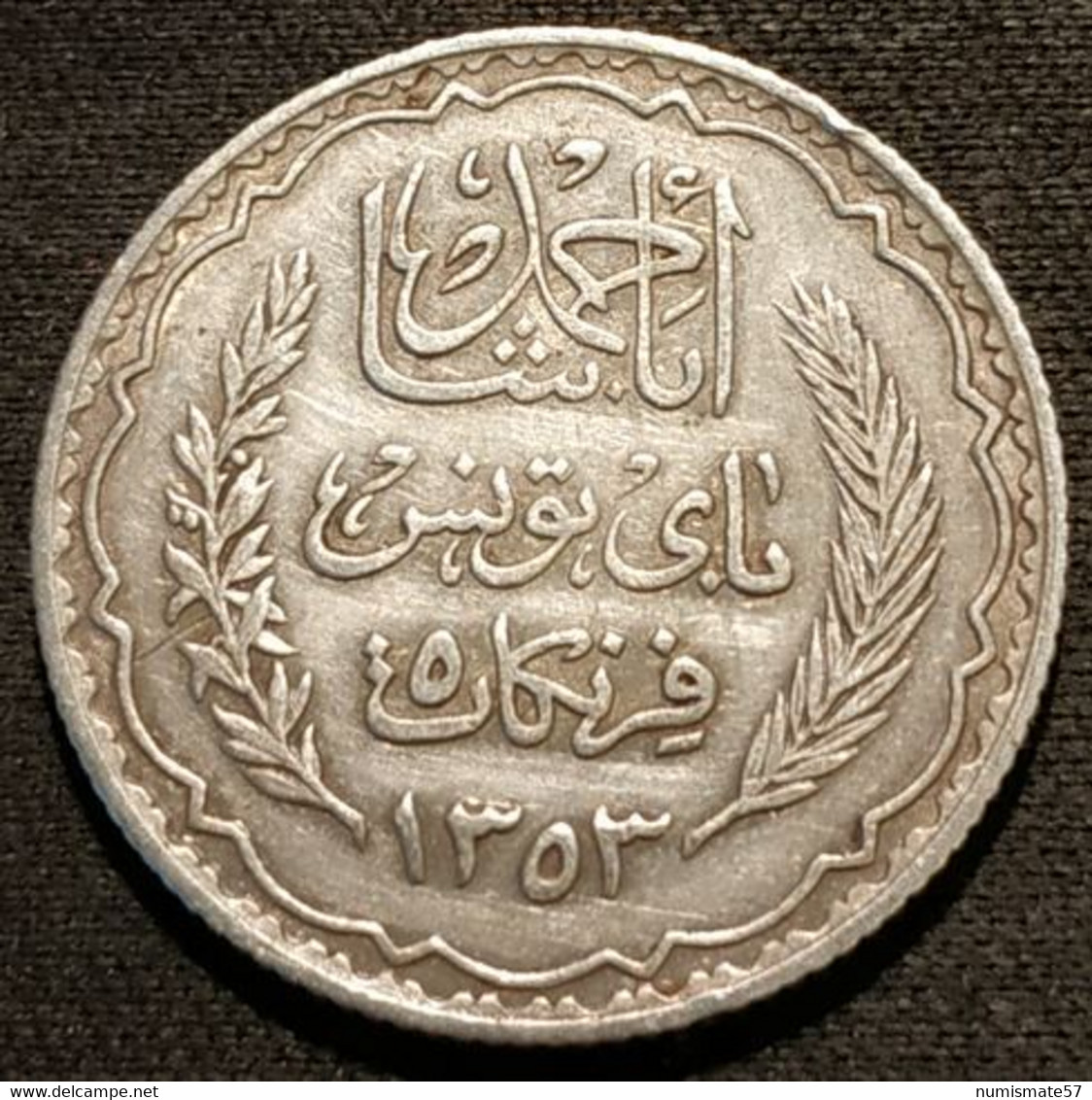 TUNISIE - TUNISIA - 5 FRANCS 1935 ( 1353 ) - Argent - Silver - Ahmad Pasha - Protectorat Français - KM 261 - Túnez