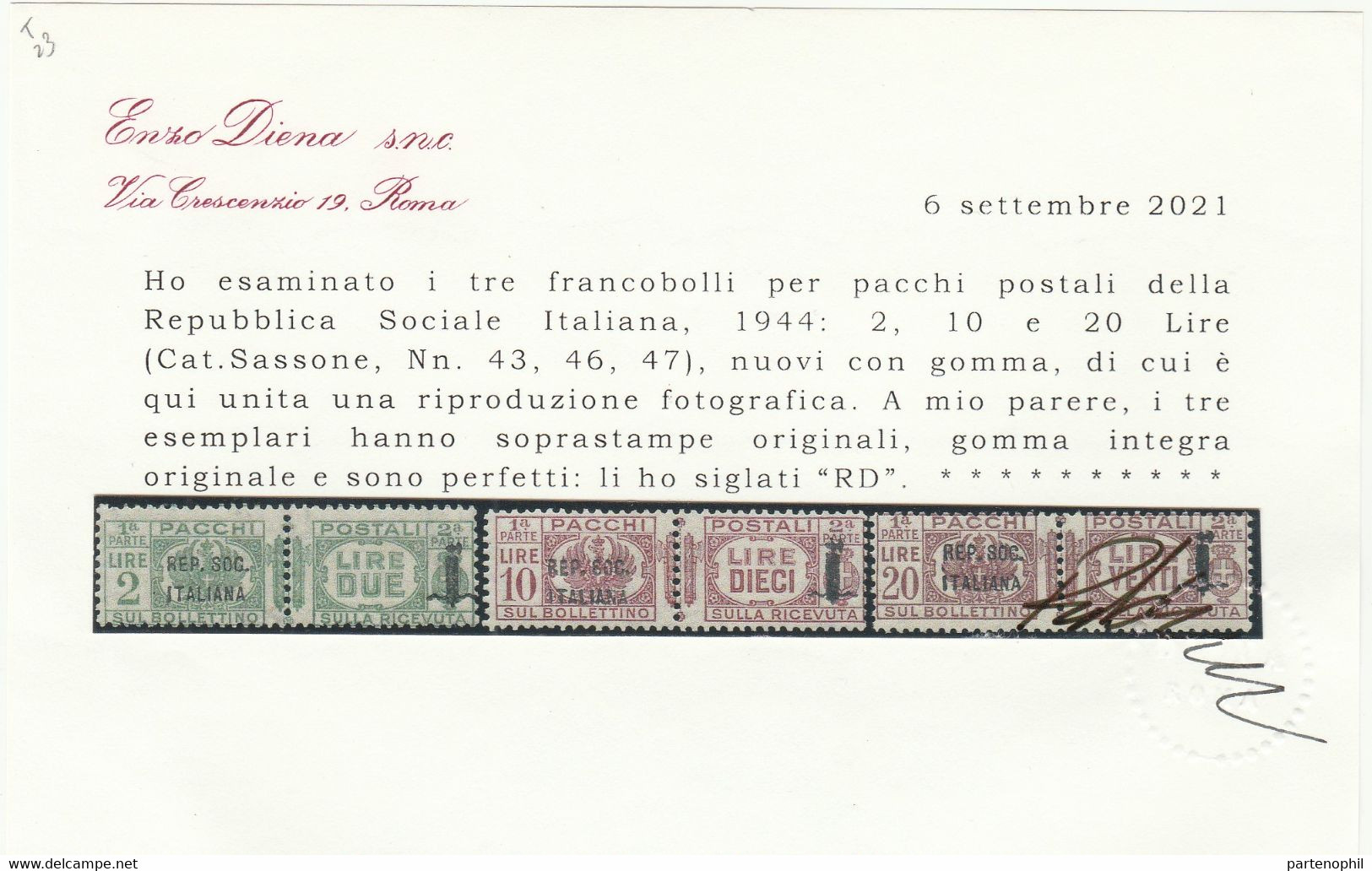175 - Repubblica Sociale 1944 - Pacchi Postali Soprastampati “Rep. Soc. Italiana E Fascetto” N. 36/47. Cert. Diena MNH - Paquetes Postales
