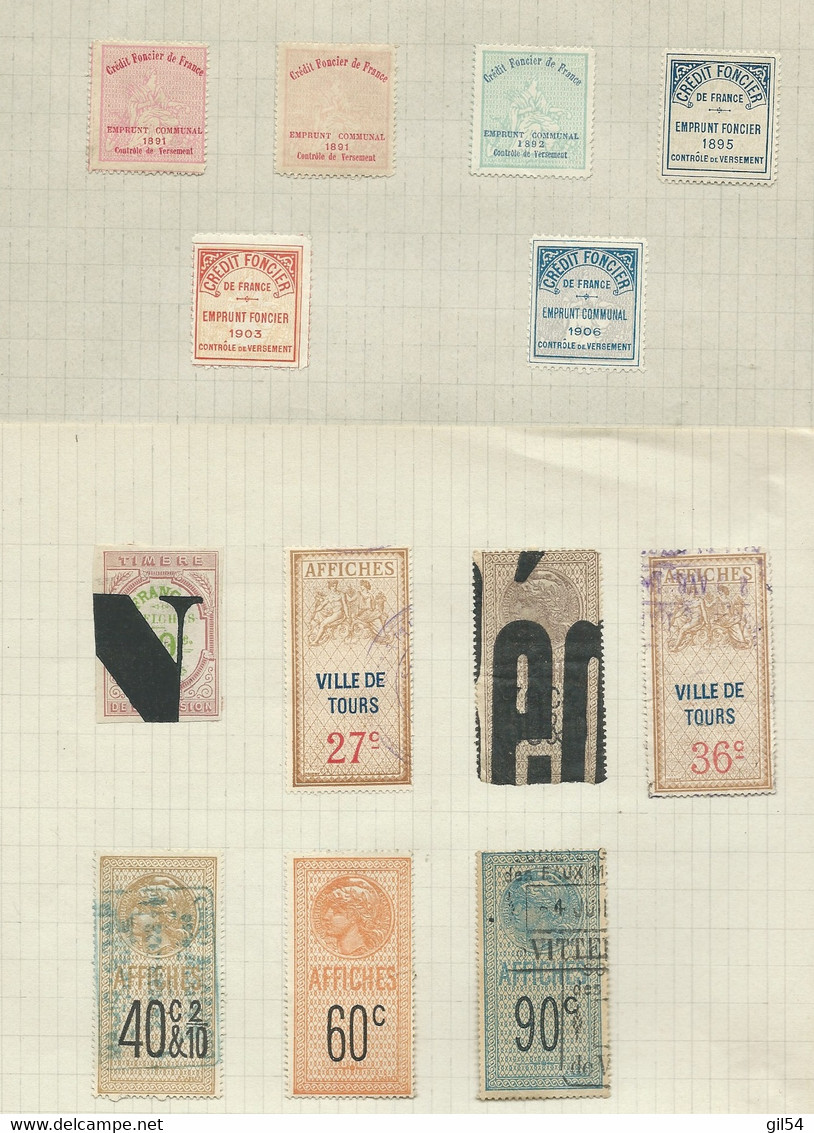 sur feuille de cahier début de collection de timbres fiscaux ( 145 pieces) + DOCUMENTS - lp322