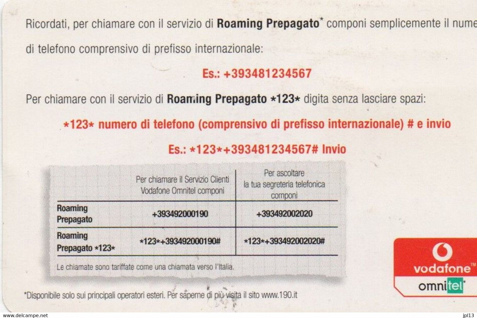 Recharge GSM - Italie - Vodafone -  Parla All'estero. - Autres & Non Classés