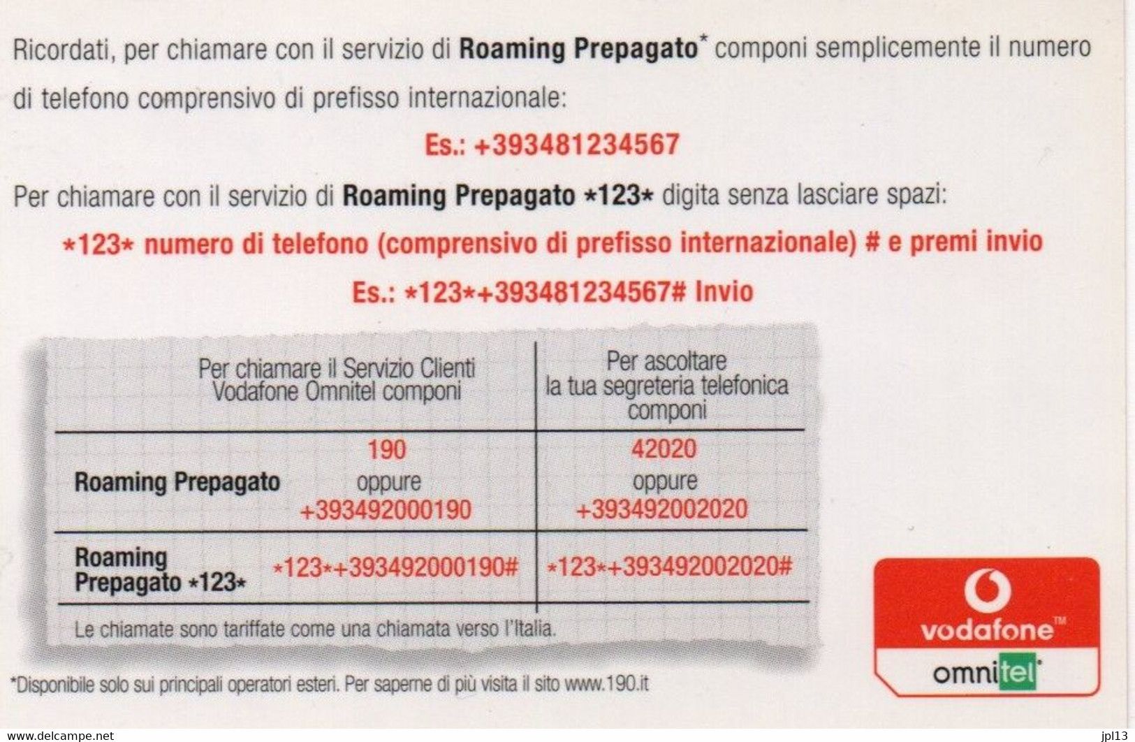 Recharge GSM - Italie - Vodafone -  Mettiti In Gioco Coni Servizi Www.190.it - Other & Unclassified