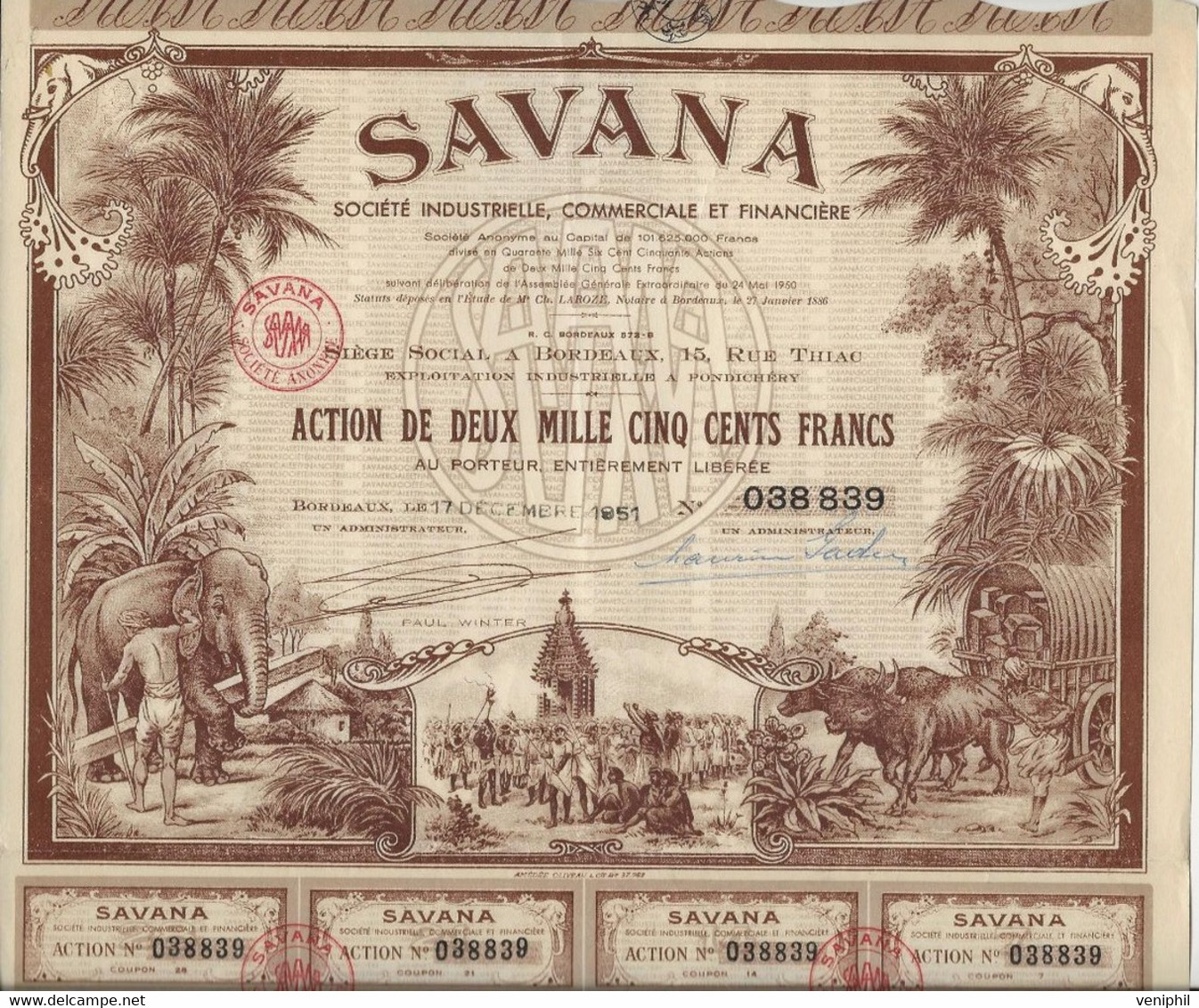 SOCIETE INDUSTRIELLE , COMMERCIALE ET FINANCIERE - SAVANA - ACTION DE 2500 FRS -ANNEE 1951 - Africa