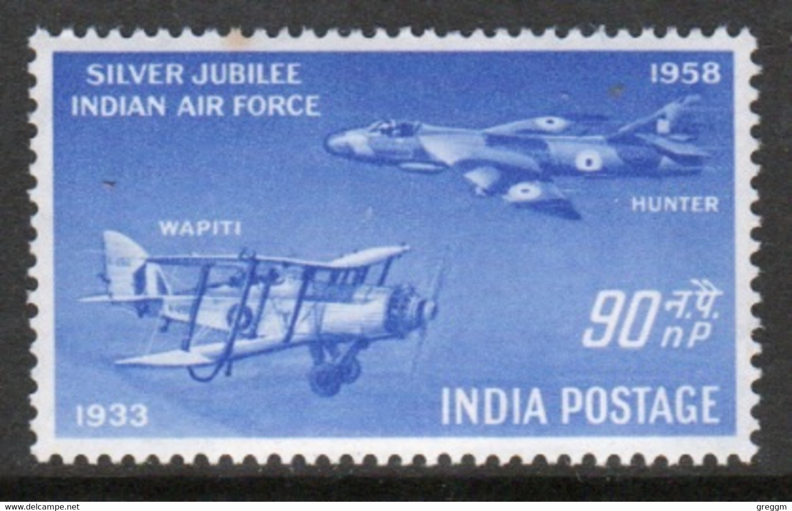 India 1958 Single  90np Stamp To Celebrate Silver Jubilee Of Air Force Showing Plane Overhead In Mounted Mint - Ungebraucht