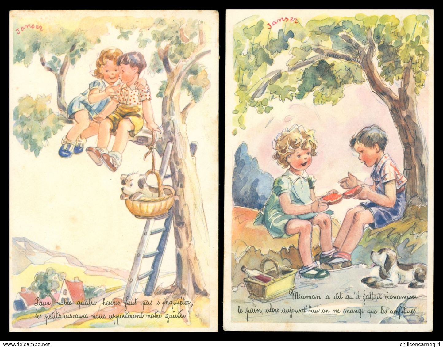 2 Cp - Illustration JANSER - Enfants Au Bord De L'eau - Arbre - Chien - Echelle Gouter Pain Confiture Oiseaux - 1967 - Janser