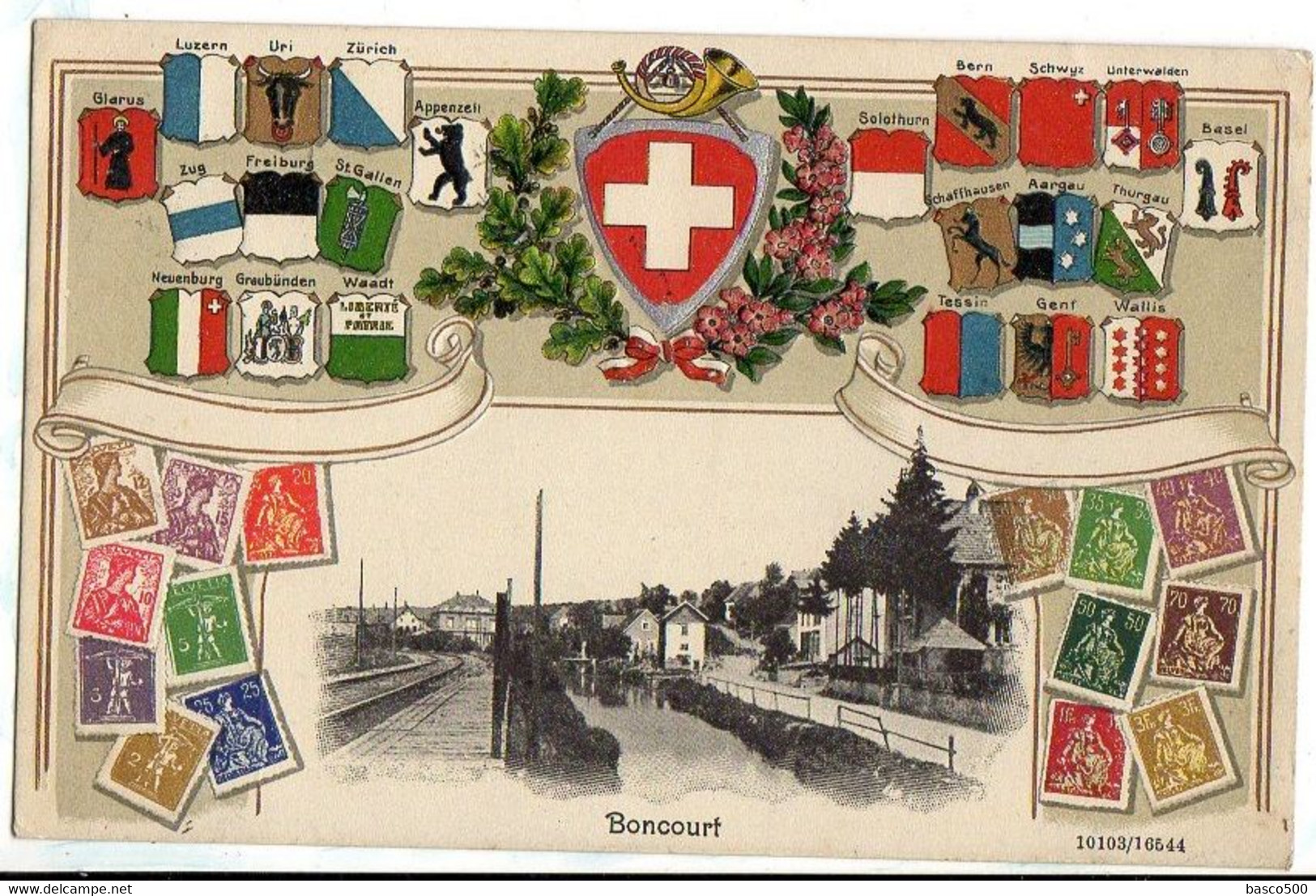 1909 BONCOURT - Le BOURG Entouré De BLASONS Et De TIMBRES SUISSES - Boncourt