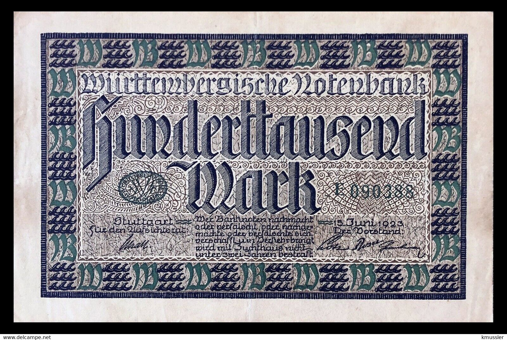 # # # Banknote Württemberg (Germany) 100.000 Mark 1923 # # # - 1 Mio. Mark