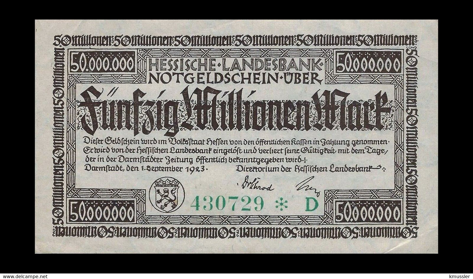 # # # Banknote Hessische Landesbank 50 Mio. Mark 1923 AU # # # - 1 Million Mark