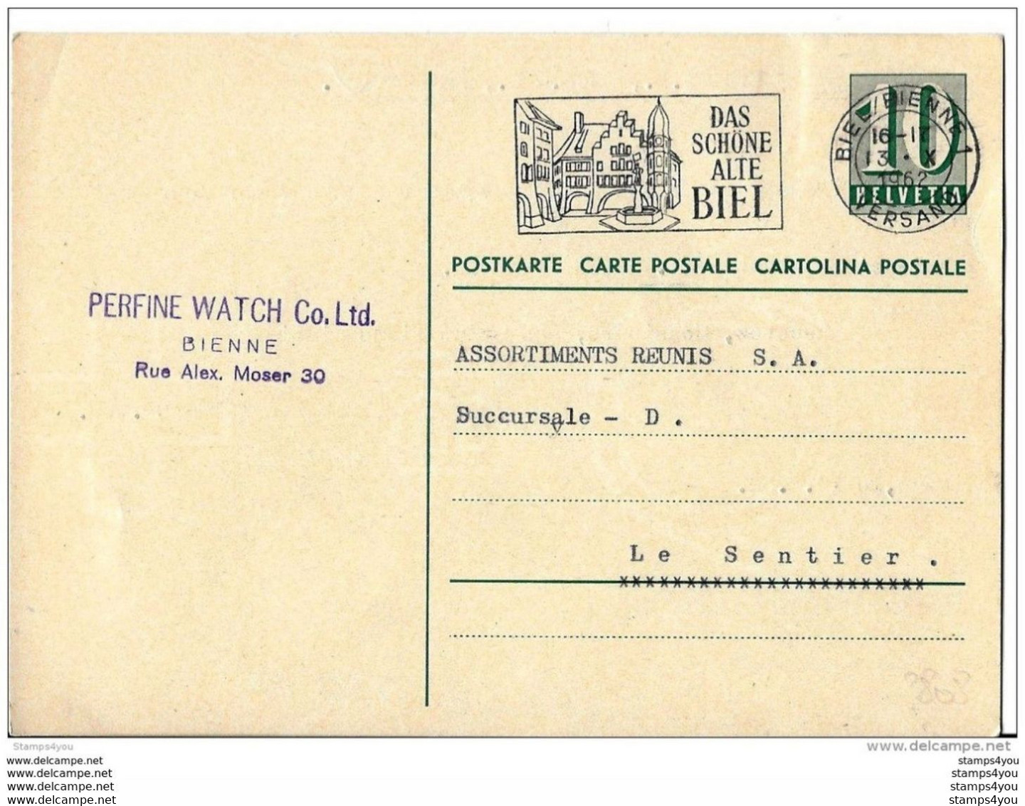 11-43 - Entier Postal  10cts Avec Oblit Mécanique De Biel 1962 Perfine Watch Co Ltd - Horlogerie