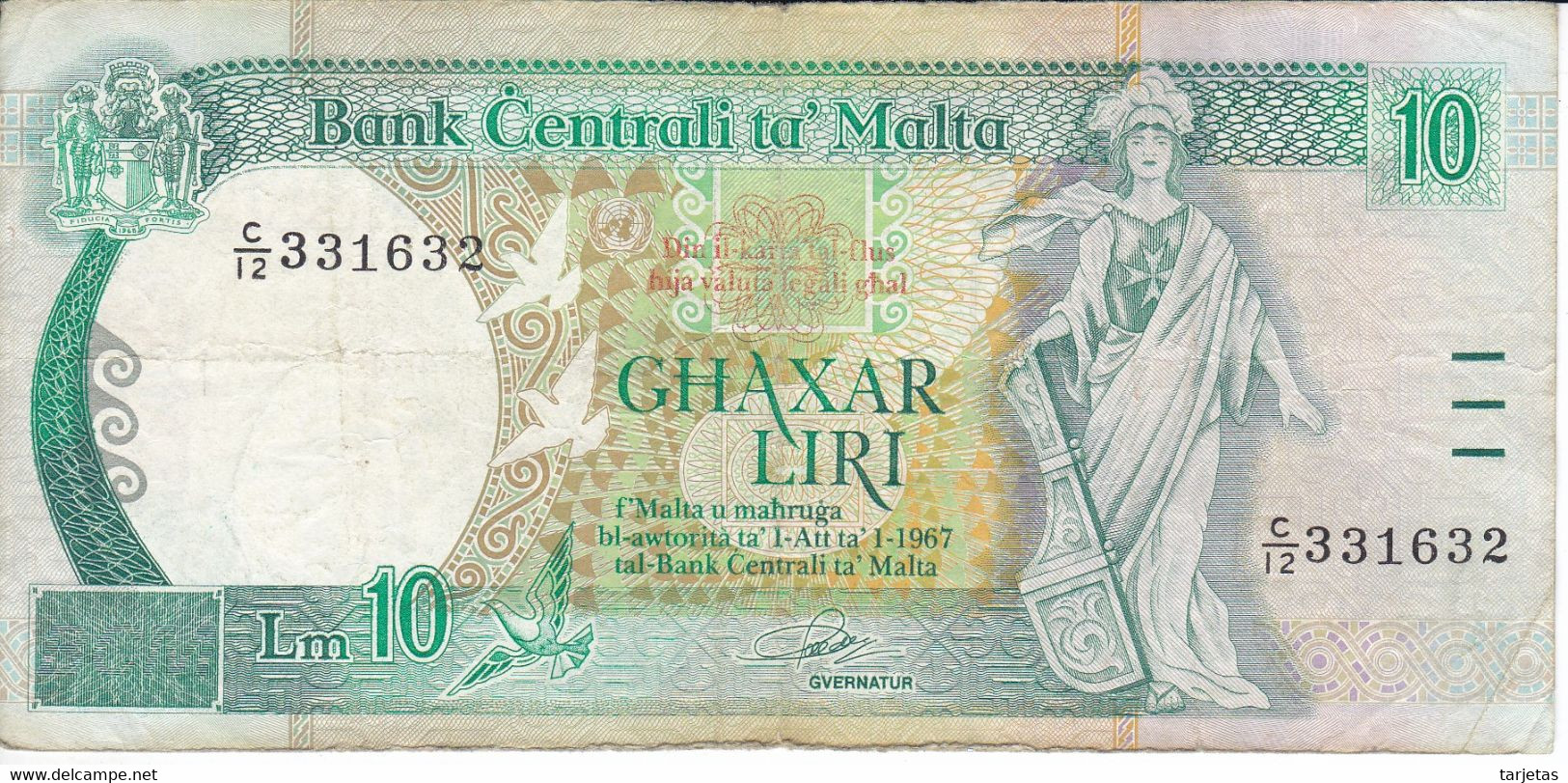 BILLETE DE MALTA DE 10 LIRAS DEL AÑO 1989  (BANKNOTE) - Malte