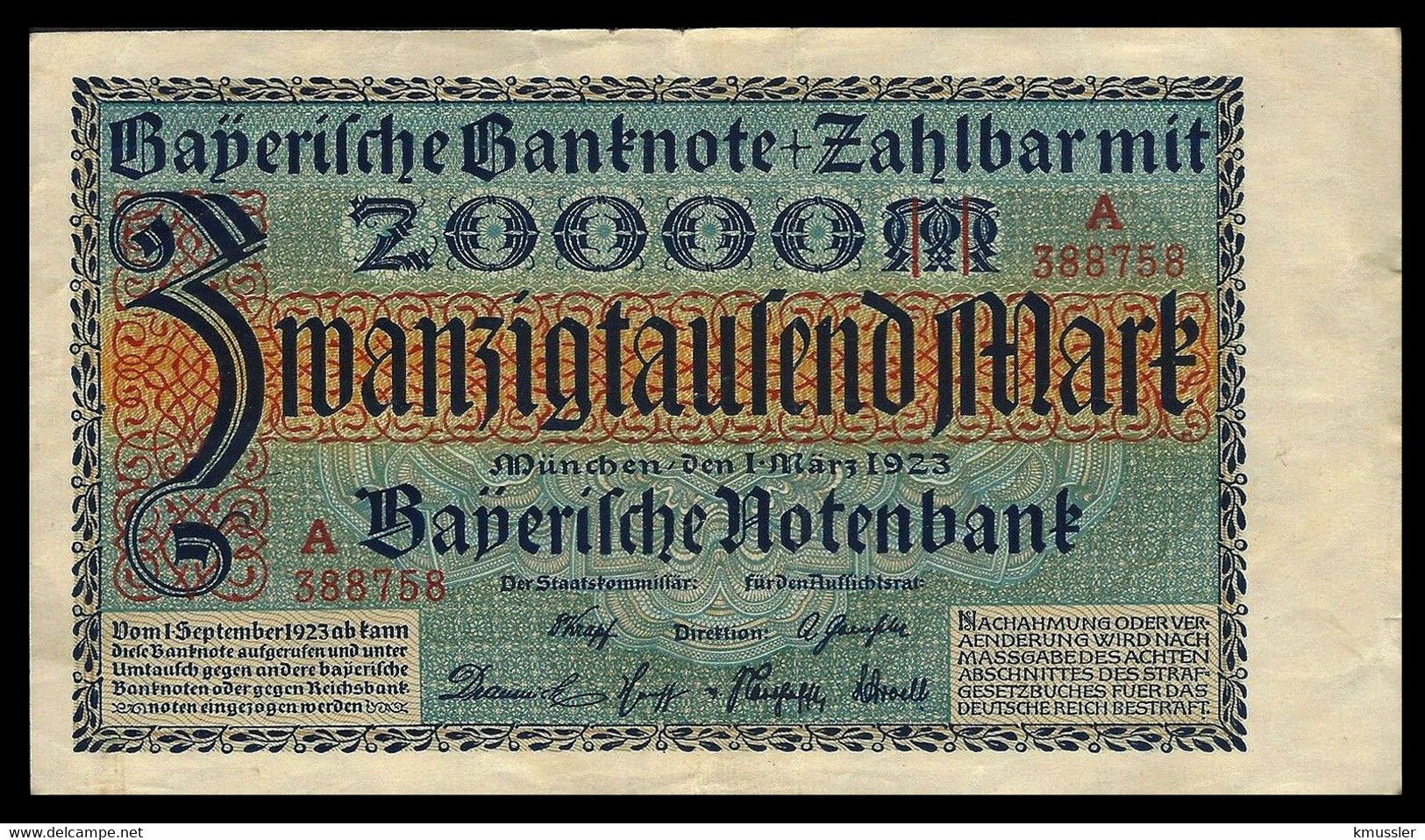 # # # Banknote Bayerische Notenbank 20.000 Mark 1923 # # # - 1 Mio. Mark