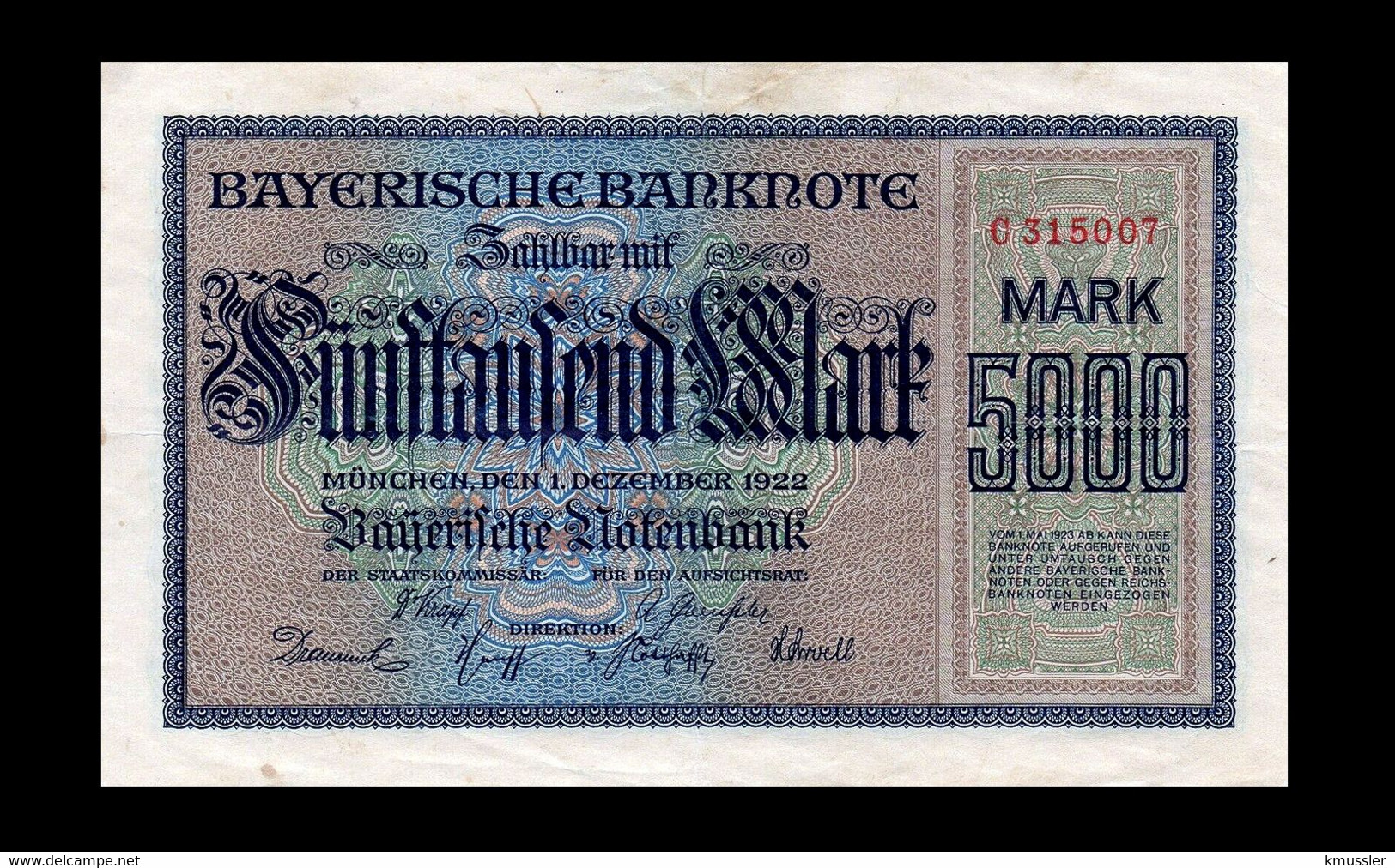 # # # Banknote Bayerische Notenbank 5.000 Mark 1922 # # # - 1 Million Mark