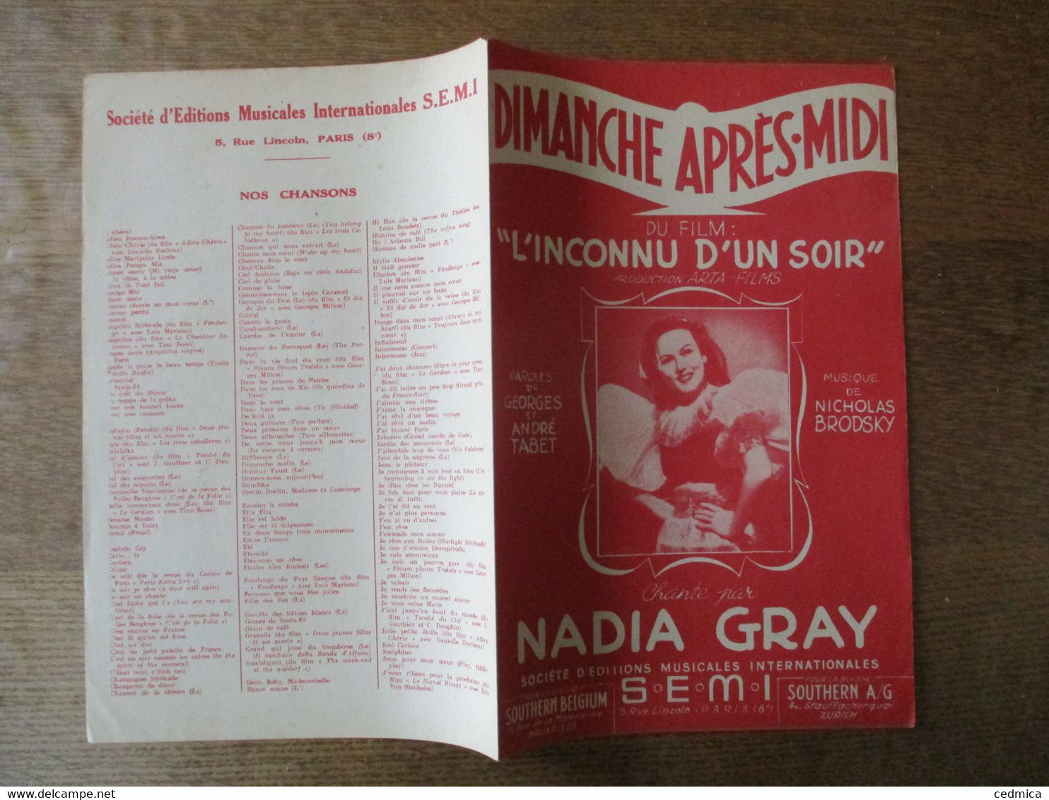 DIMANCHE APRES-MIDI  CHANTE PAR NADIA GRAY PAROLES DE GEOGES ET ANDRE TABET MUSIQUE DE NICOLAS BRODSKY - Noten & Partituren