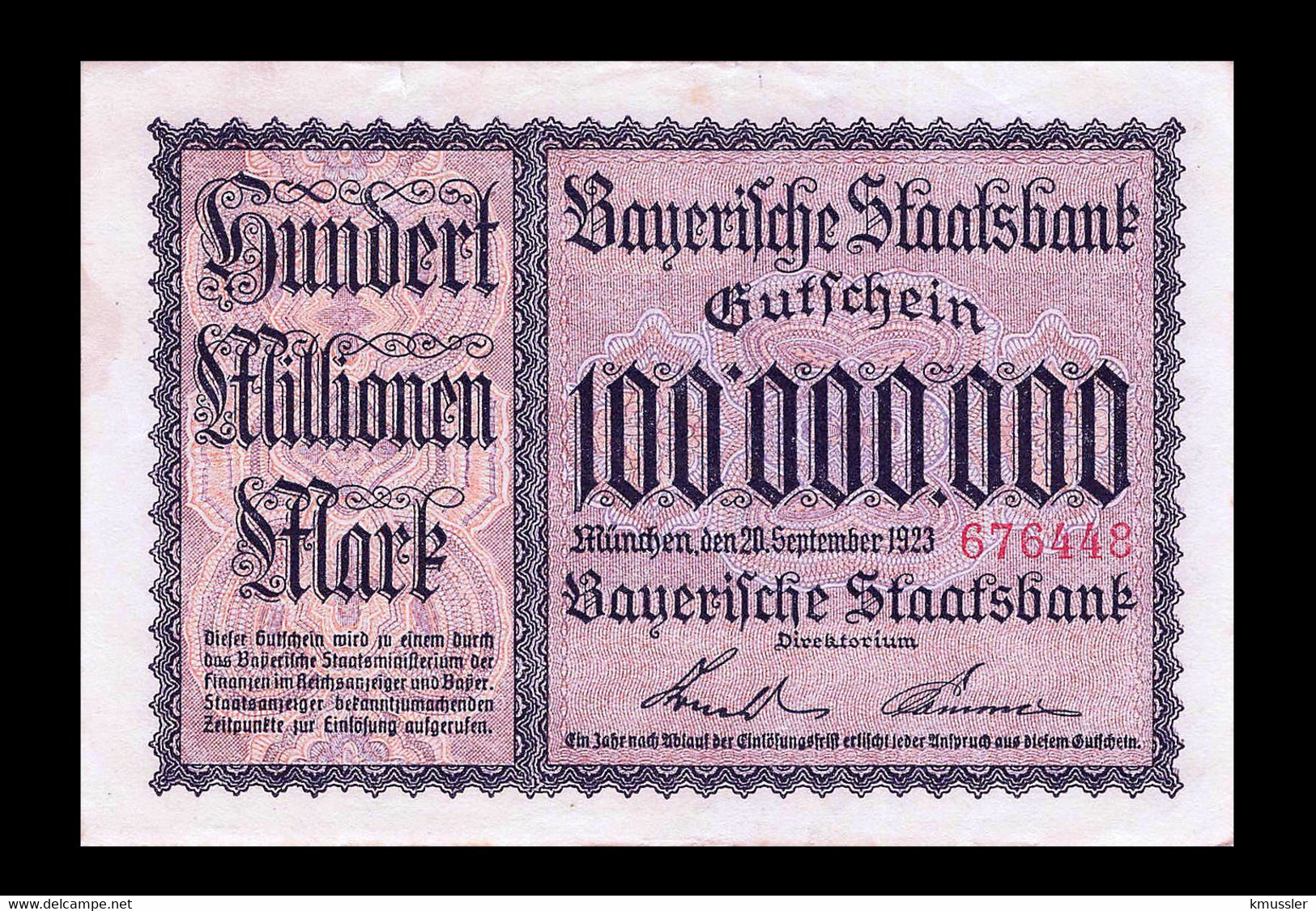# # # Banknote Bayerische Staatsbank 100.000.000 Mark 1923 UNC # # # - Unclassified