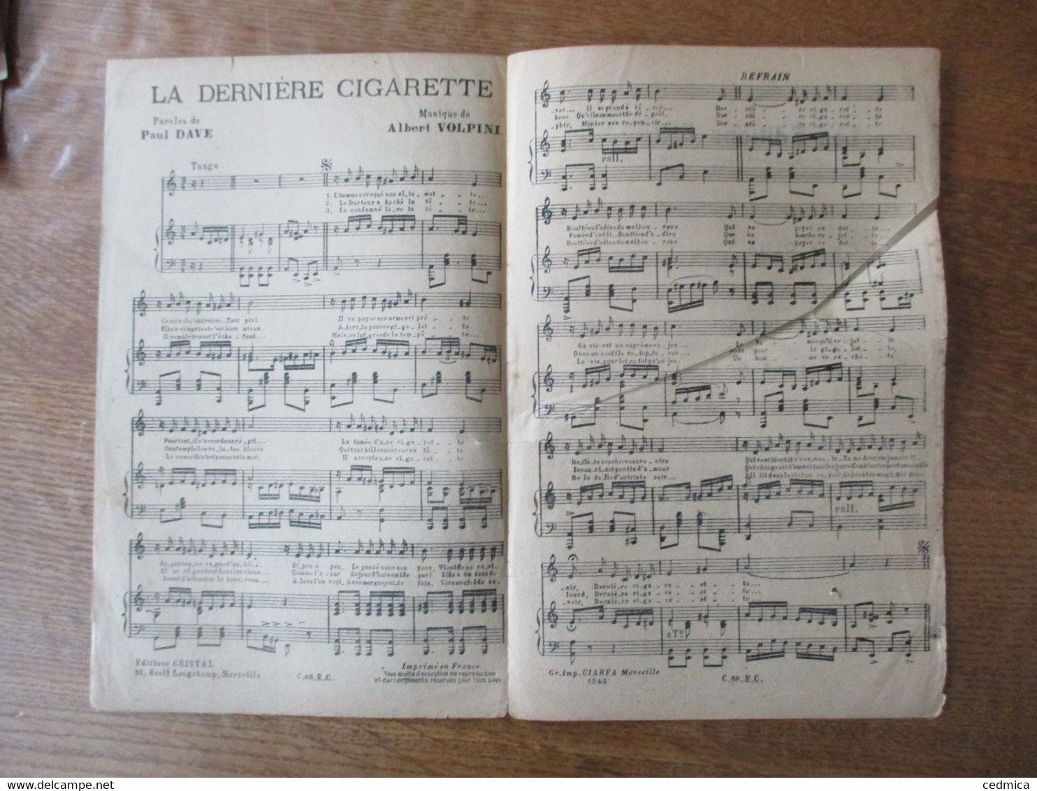 LA DERNIERE CIGARETTE CREATION DE JOAN GARDON PAROLES DE PAUL DAVE MUSIQUE DE ALBERT VOLPINI - Noten & Partituren