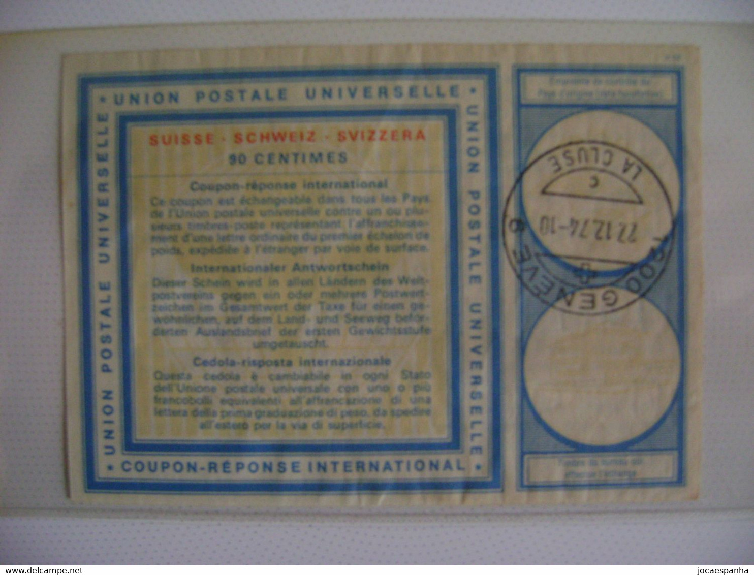 SWITZERLAND - INTERNATIONAL RESPONSE COUPON , 90 CENTS USED IN GENEVE IN 1974 IN THE STATE - Other & Unclassified
