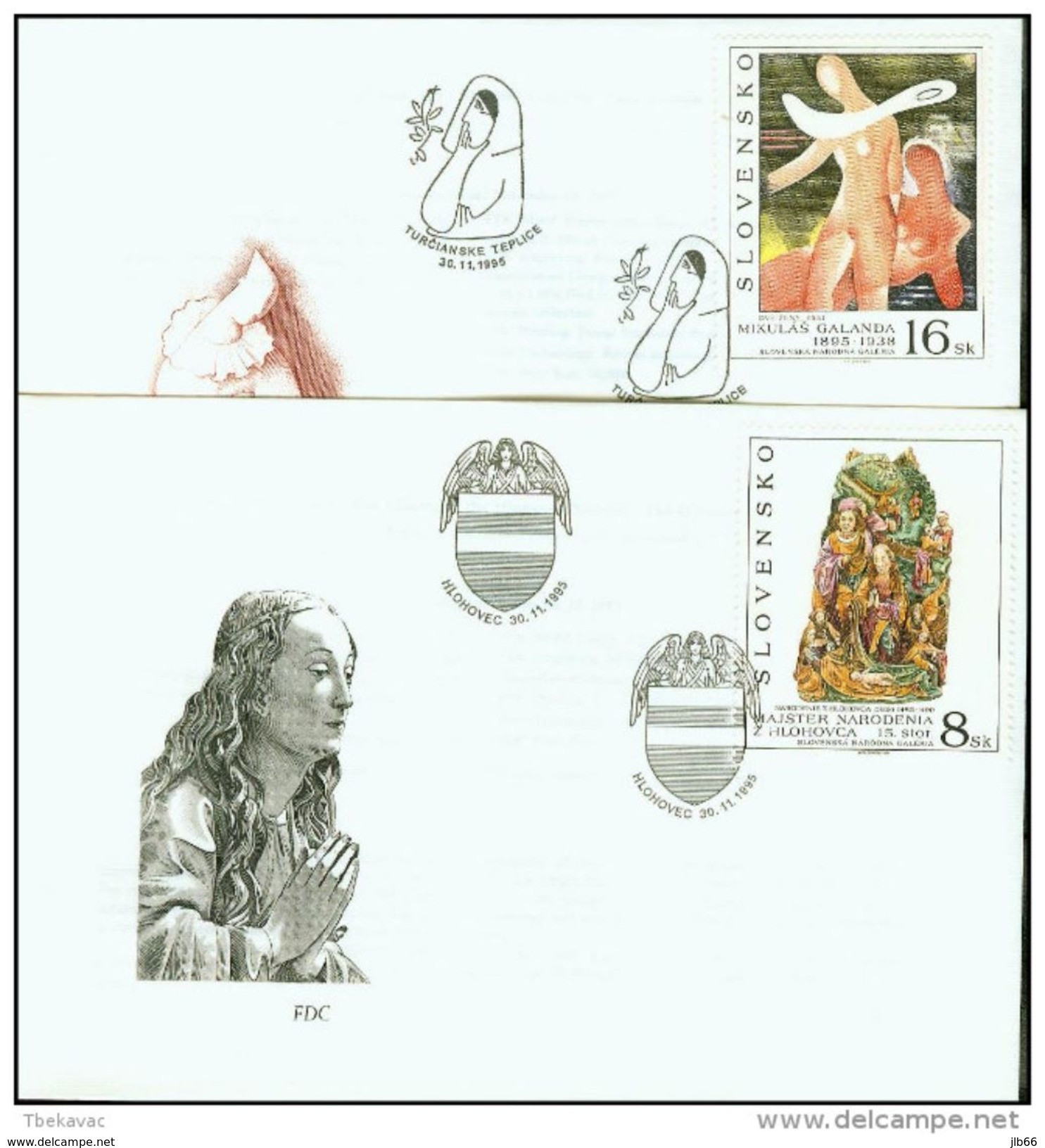 2 FDC 82/83 SLOVAQUIE 1995 Mi 243/244 Yv 205/206 ART Nativité De HLOHOVEC , Deux Femmes De GALANDA - FDC