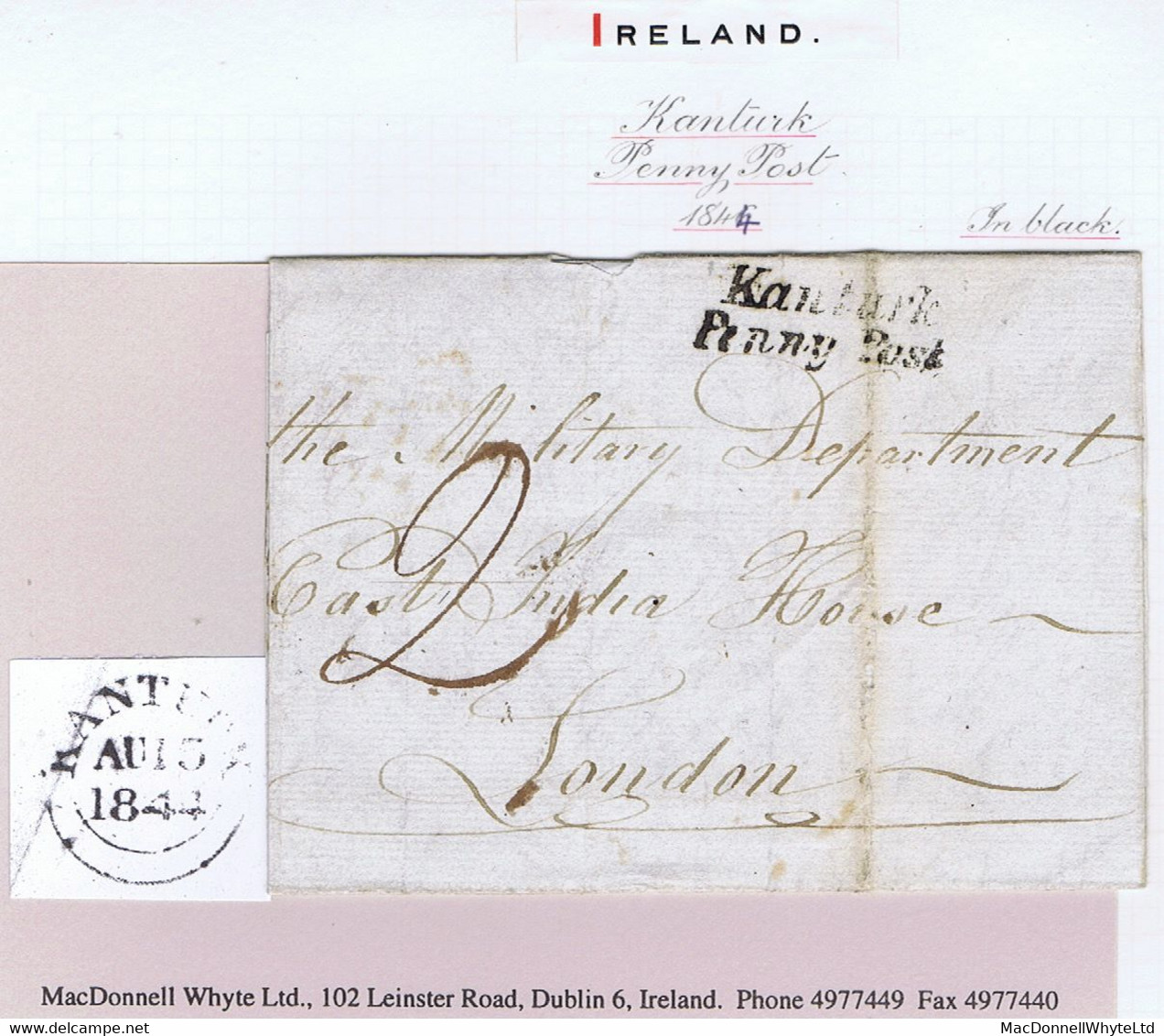 Ireland Cork 1844 Italic "Kanturk/Penny Post" On Unpaid Cover To The EIC In London Re Private John Ryan - Prefilatelia