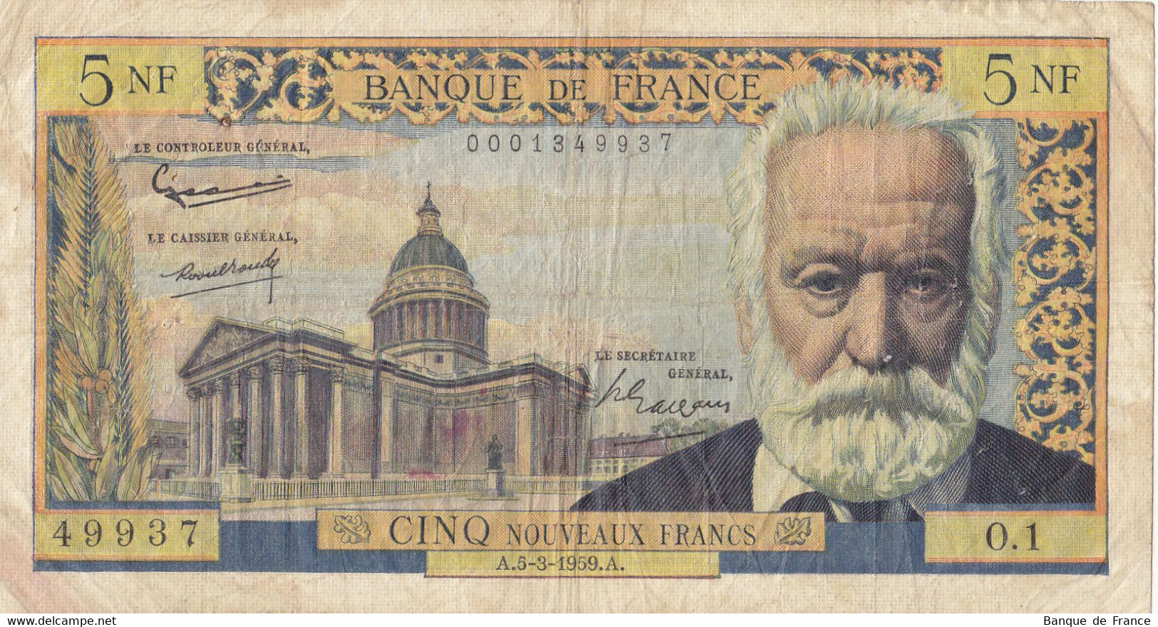 Billet 5 F Victor Hugo Du 5-3-1959 FAY 56.01 Alphabet 1 - O.1 - 5 NF 1959-1965 ''Victor Hugo''