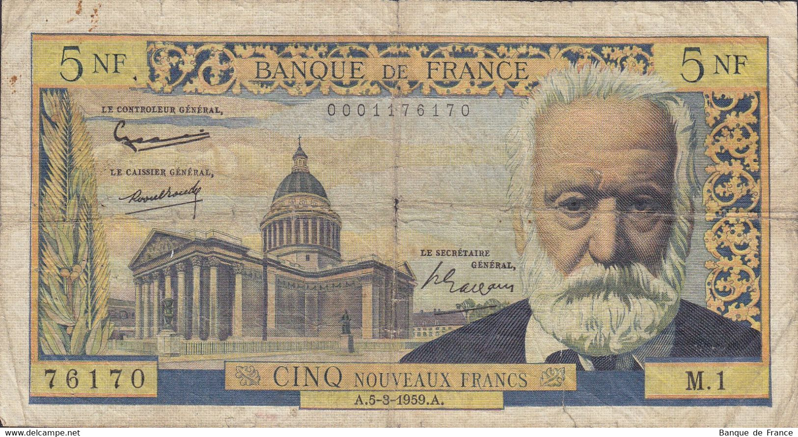 Billet 5 F Victor Hugo Du 5-3-1959 FAY 56.01 Alphabet 1 - M.1 - 5 NF 1959-1965 ''Victor Hugo''