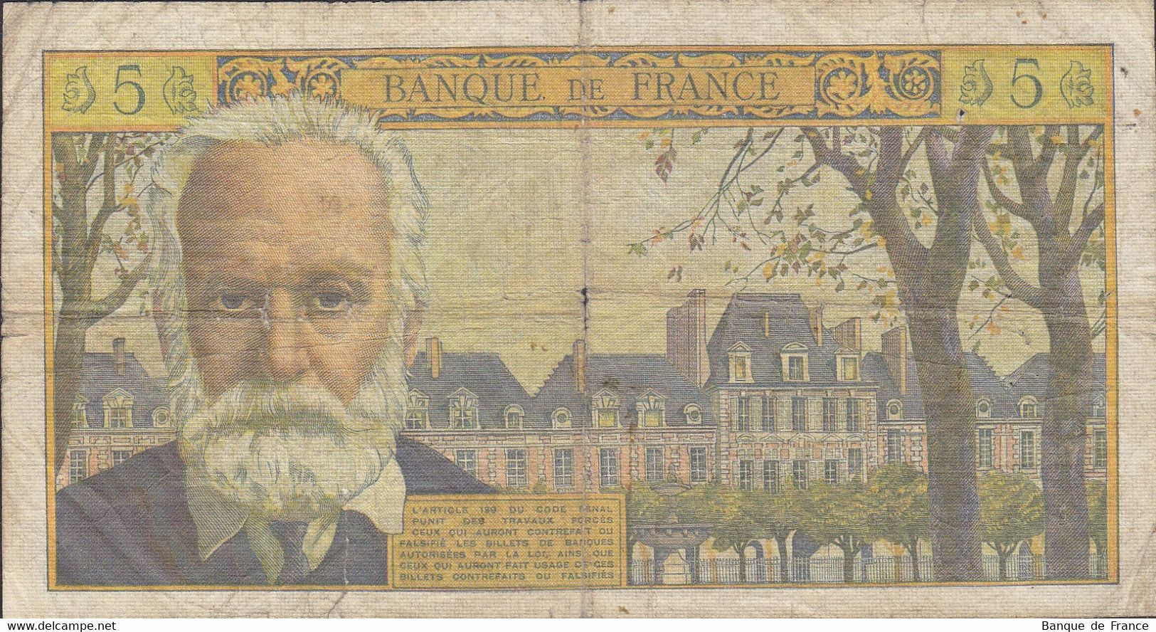 Billet 5 F Victor Hugo Du 5-3-1959 FAY 56.01 Alphabet 1 - M.1 - 5 NF 1959-1965 ''Victor Hugo''