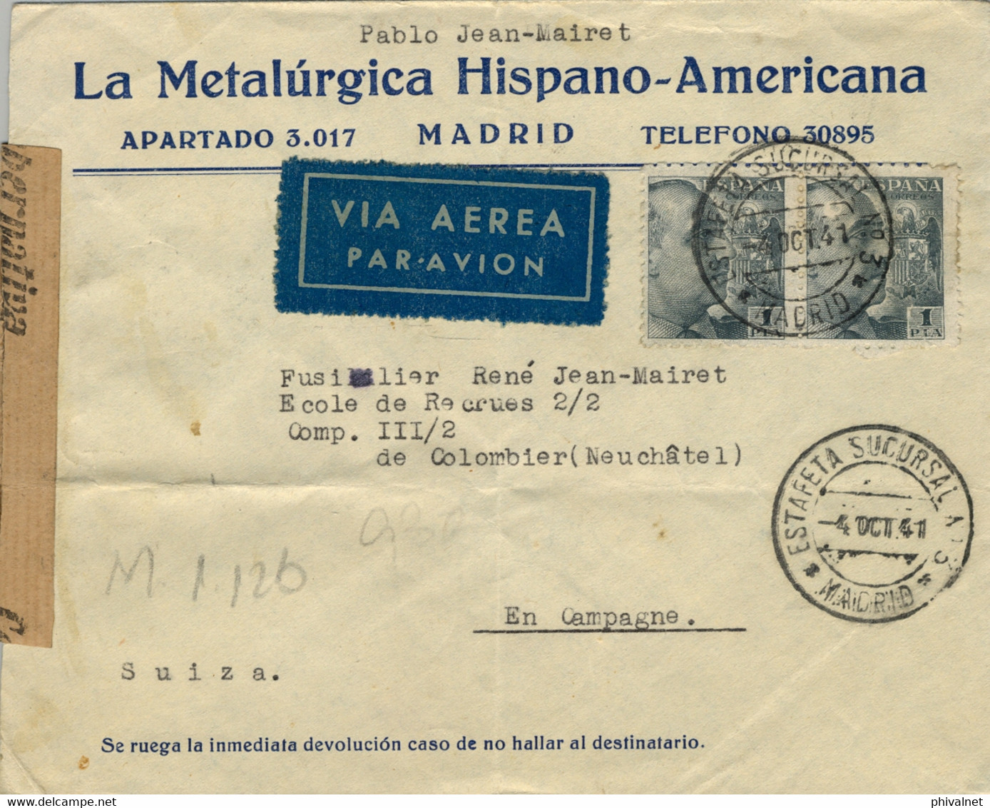 1941 , MADRID , SOBRE CIRCULADO , ESTAFETA SUCURSAL Nº 3 , CORREO AÉREO , CENSURA GUBERNATIVA - Briefe U. Dokumente