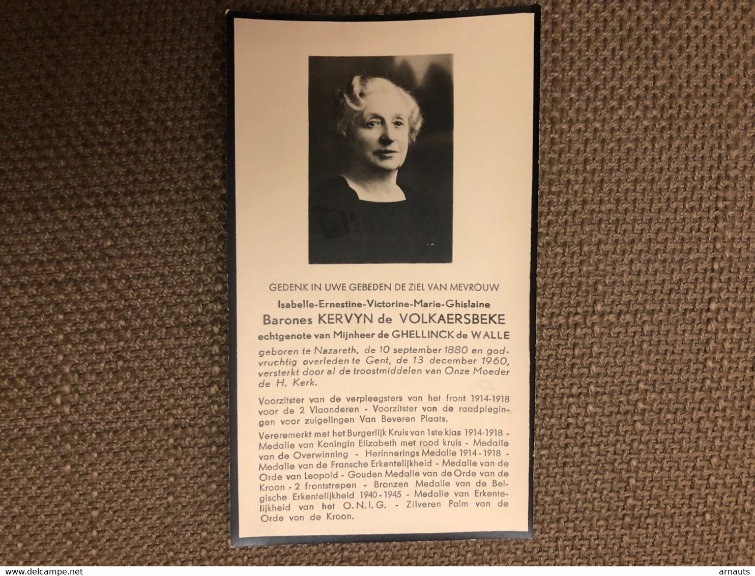 Isabelle Baron Kervyn De Volkaersbeke X De Ghellinck De Walle *1880 Nazareth +1960 Gent Voorzitter Verpleegsters 14-18 - Overlijden