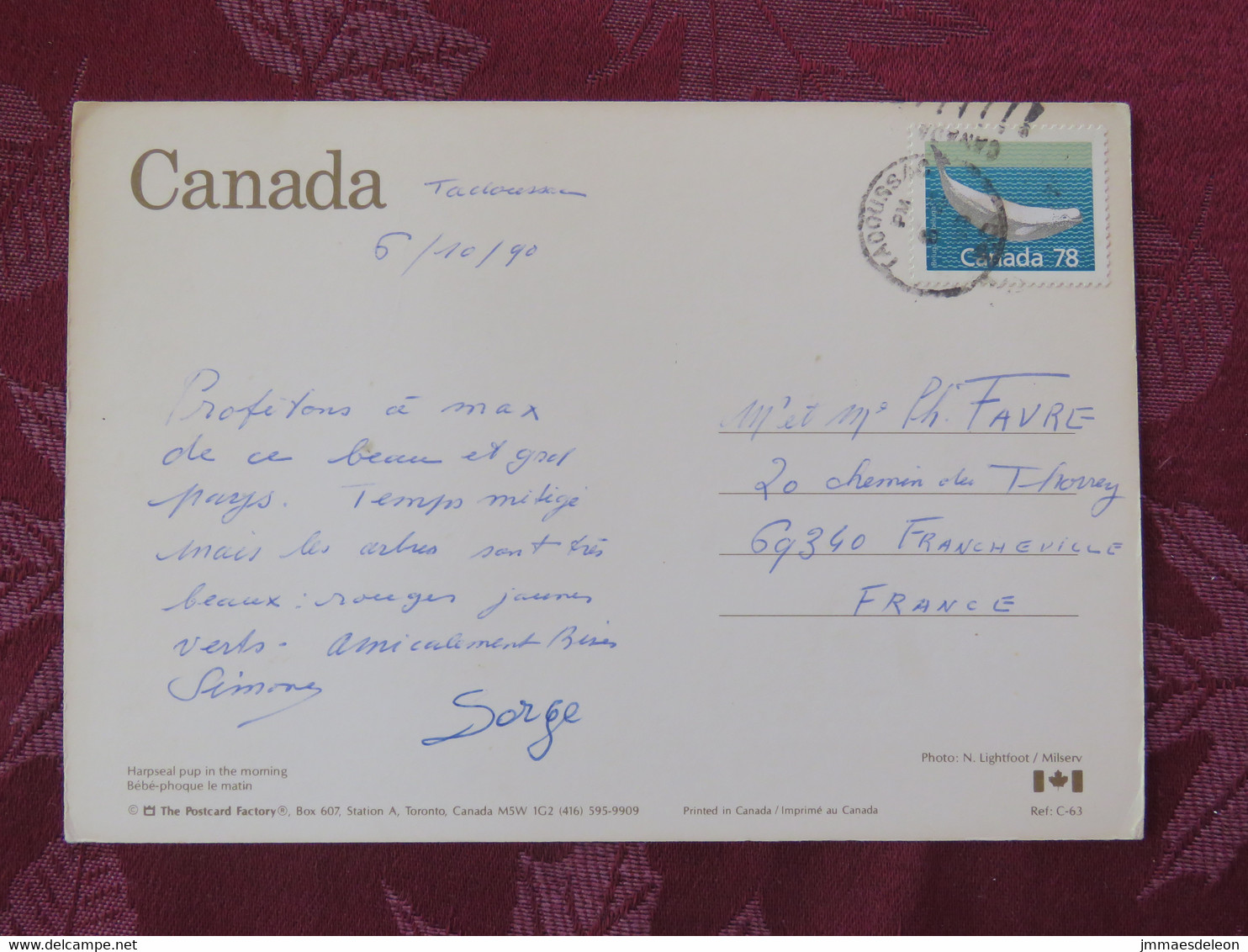 Canada 1990 Postcard "seal Baby" To France - Whale - Brieven En Documenten