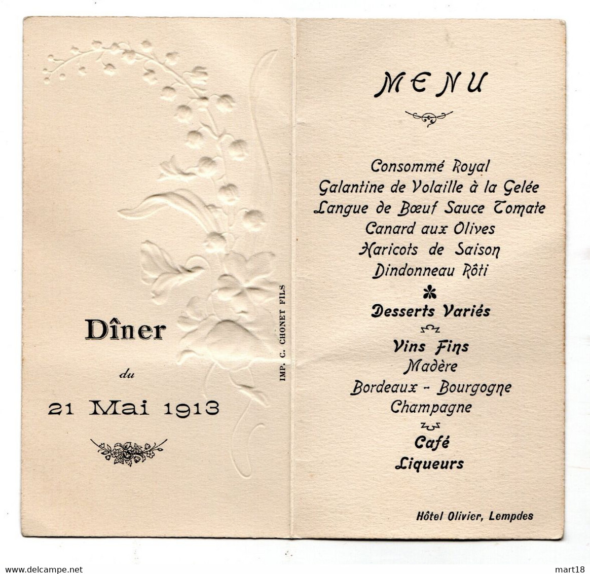 Menu - Diner Du 21 Mai 1913 - Hôtel Olivier à Lempdes (63) - - Pas Carte Postale - - Lempdes