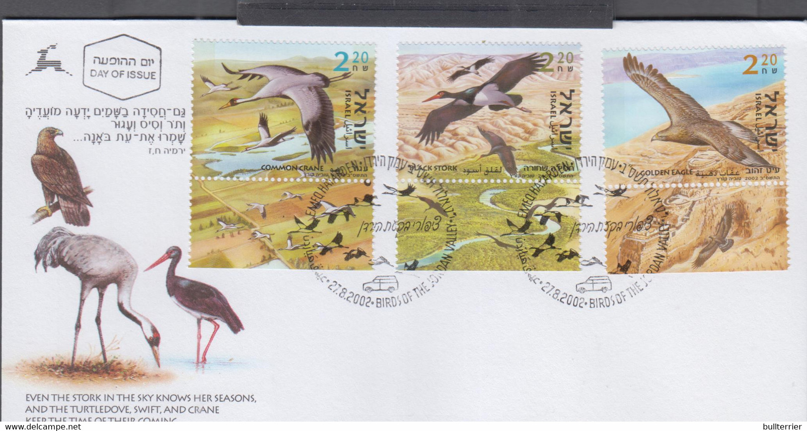 ISRAEL - 2002 - BIRDS  SET OF 3 WITH FULL TABS  ON  ILLUSTRATED FDC - Brieven En Documenten