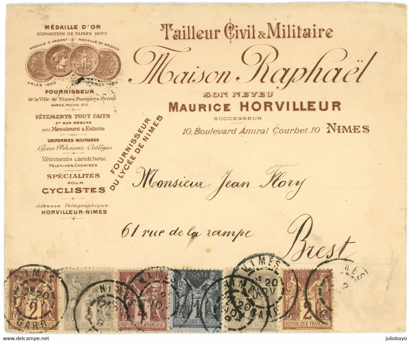 PROMO 20 Novembre 1897 Affranchissement Sage Multicolor Sur Enveloppe Illustrée Maison Raphael De Nimes Vers Brest - 1877-1920: Période Semi Moderne