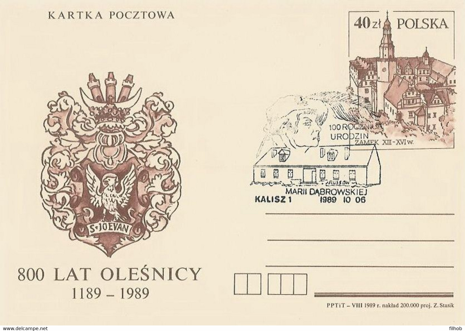 Poland Postmark D89.10.06 KALISZ: M.Dabrowska 100 Y. Writer - Interi Postali