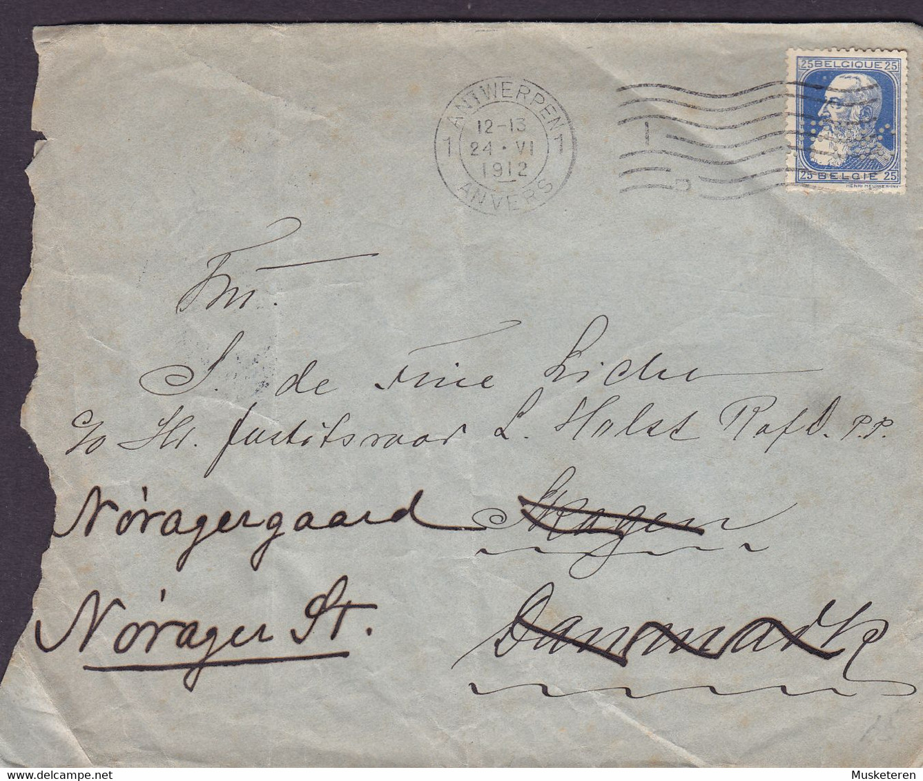 Belgium Perfin Perforé Lochung 'JPB&C' On ANTWERPEN Anvers 1912 Cover Lettre To SKAGEN (Arr. Cds.) Denmark READRESSED - 1909-34