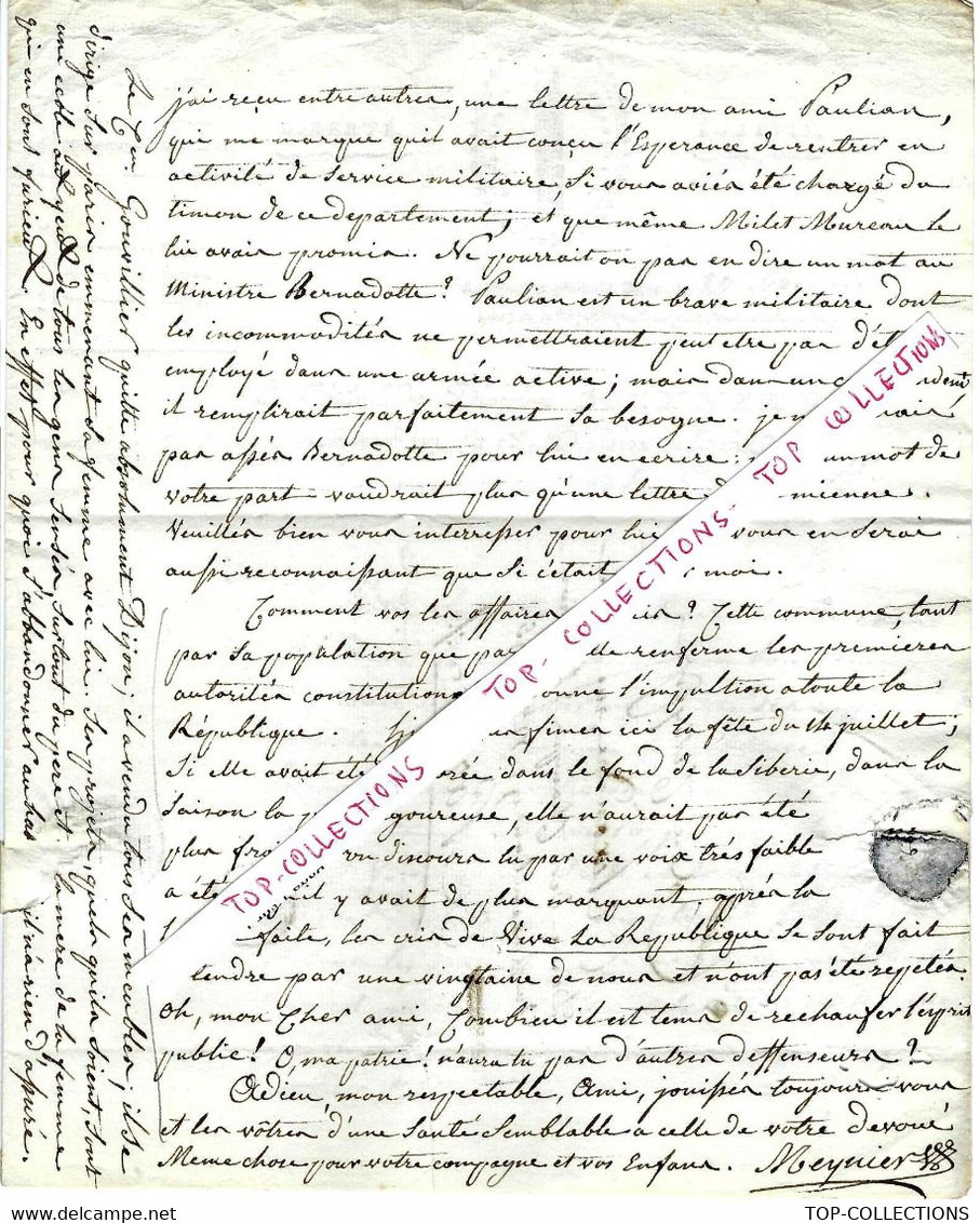 1799  Dijon Cote D’Or  ENTETE REVOLUTION ARMEES NAPOLEON LETTRE Général De Division Meynier à Son Ami Alexandre à Paris - Documents Historiques