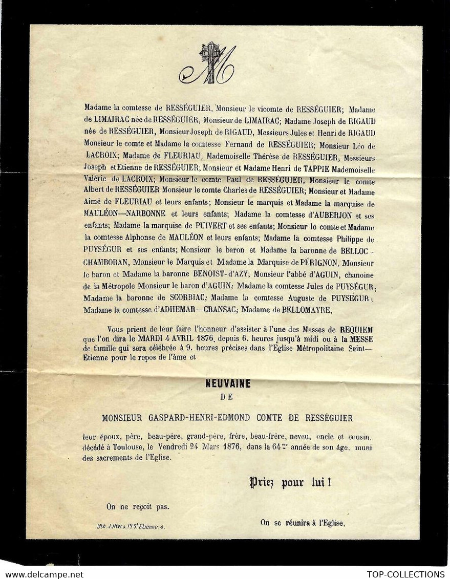 1876 FAIRE PART DECES COURRIER DISTRIBUTION MESSAGERIE JULES RIVES à Toulouse FACTEURS DE COMMERCE V.CACHET - 1849-1876: Klassik