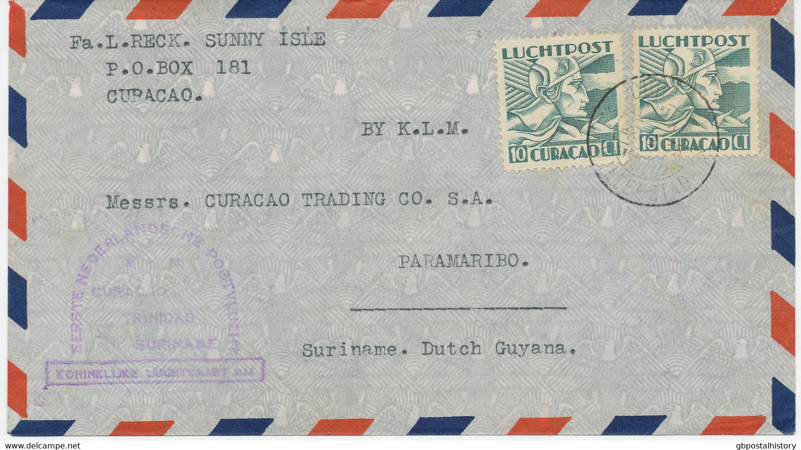 CURACAO - NIEDERLÄNDISCHE ANTILLEN 1938 Merkur 20C (2x) Selt. MeF A. Sehr Selt. Kab.-Erstflug Mt KLM "CURACAO - SURINAM" - West Indies