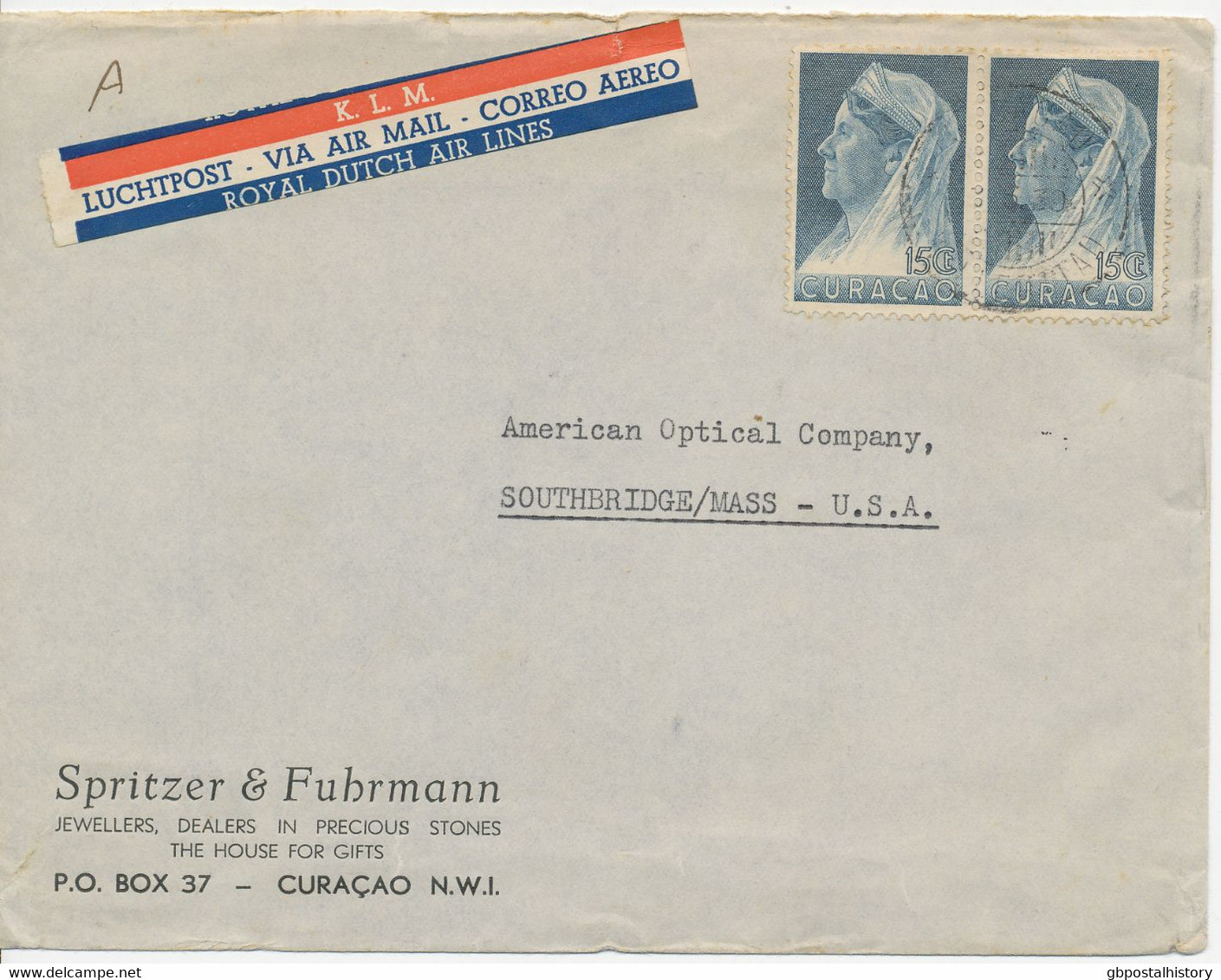 CURACAO - NIEDERLÄNDISCHE ANTILLEN 1938, Königin Wilhelmina 15 C (Paar) Als Selt. MeF A. Pra.-Lupo-Bf M. Selt. KLM-Label - Antillen