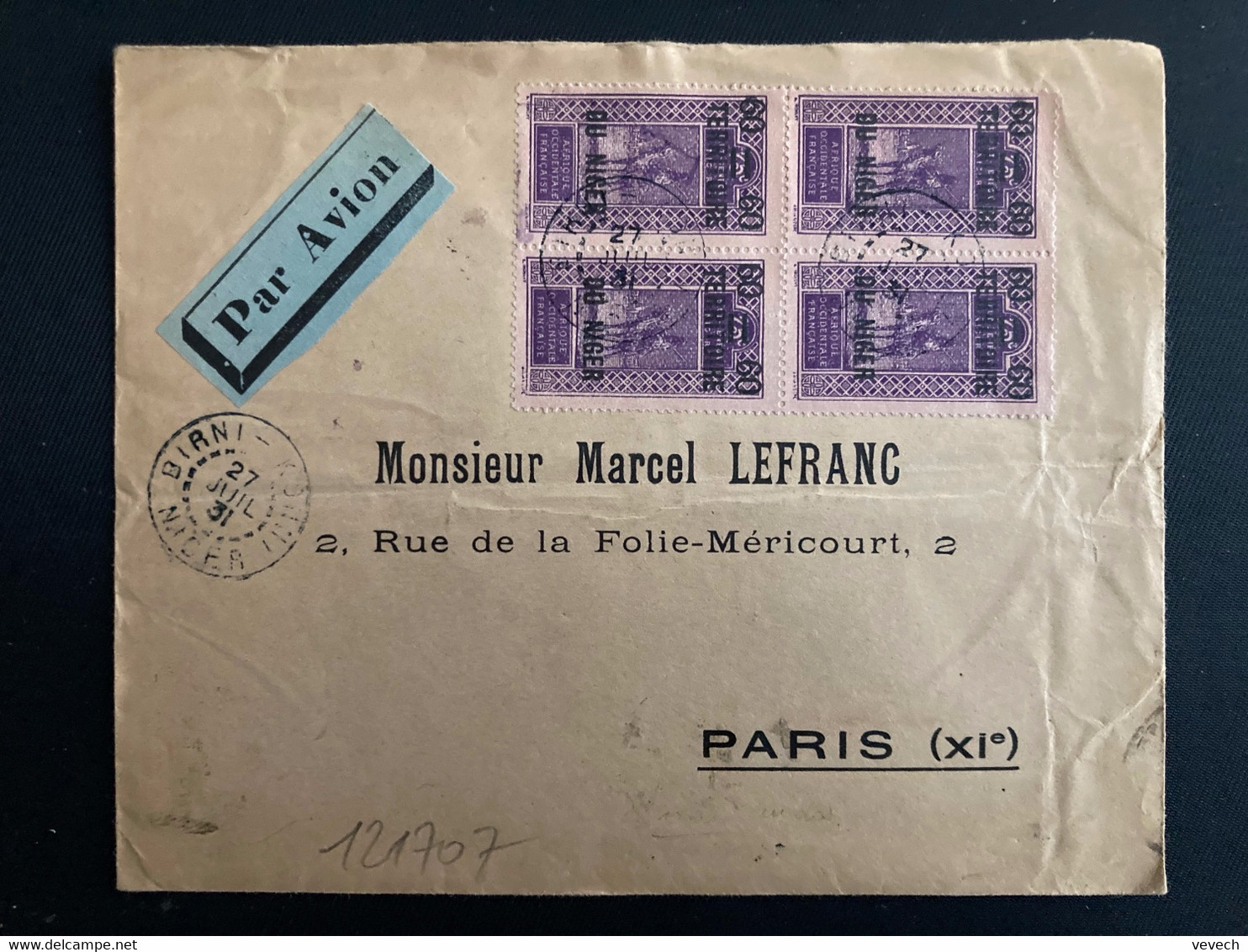 LETTRE Par Avion Pour La FRANCE TP AOF 75c Surchargé 60 TERRITOIRE DU NIGER BLOC DE 4+30C BLOC DE 4 OBL.27 JUIL 31 BIRNI - Lettres & Documents